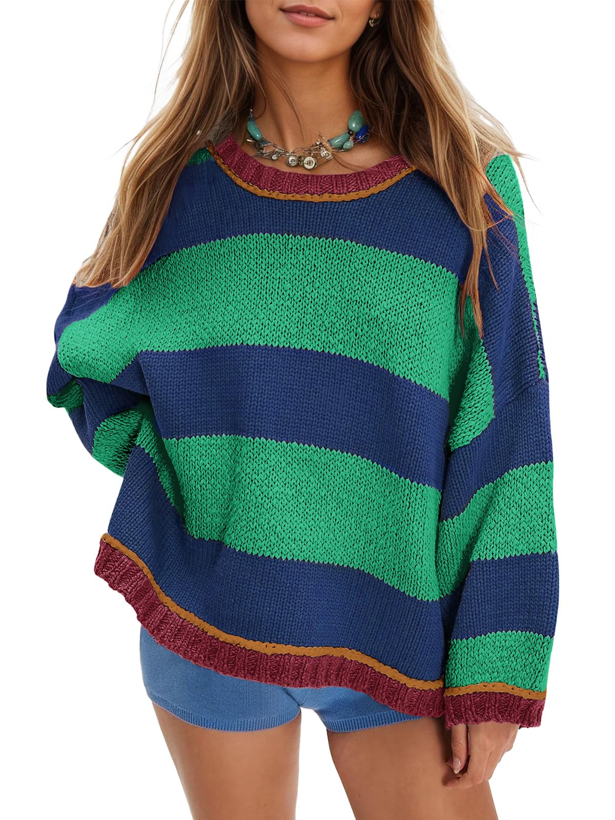 Women Fall Color Block Striped Sweater Crewneck Long Sleeve Loose Pullover Sweaters Knitted Tops-image-45