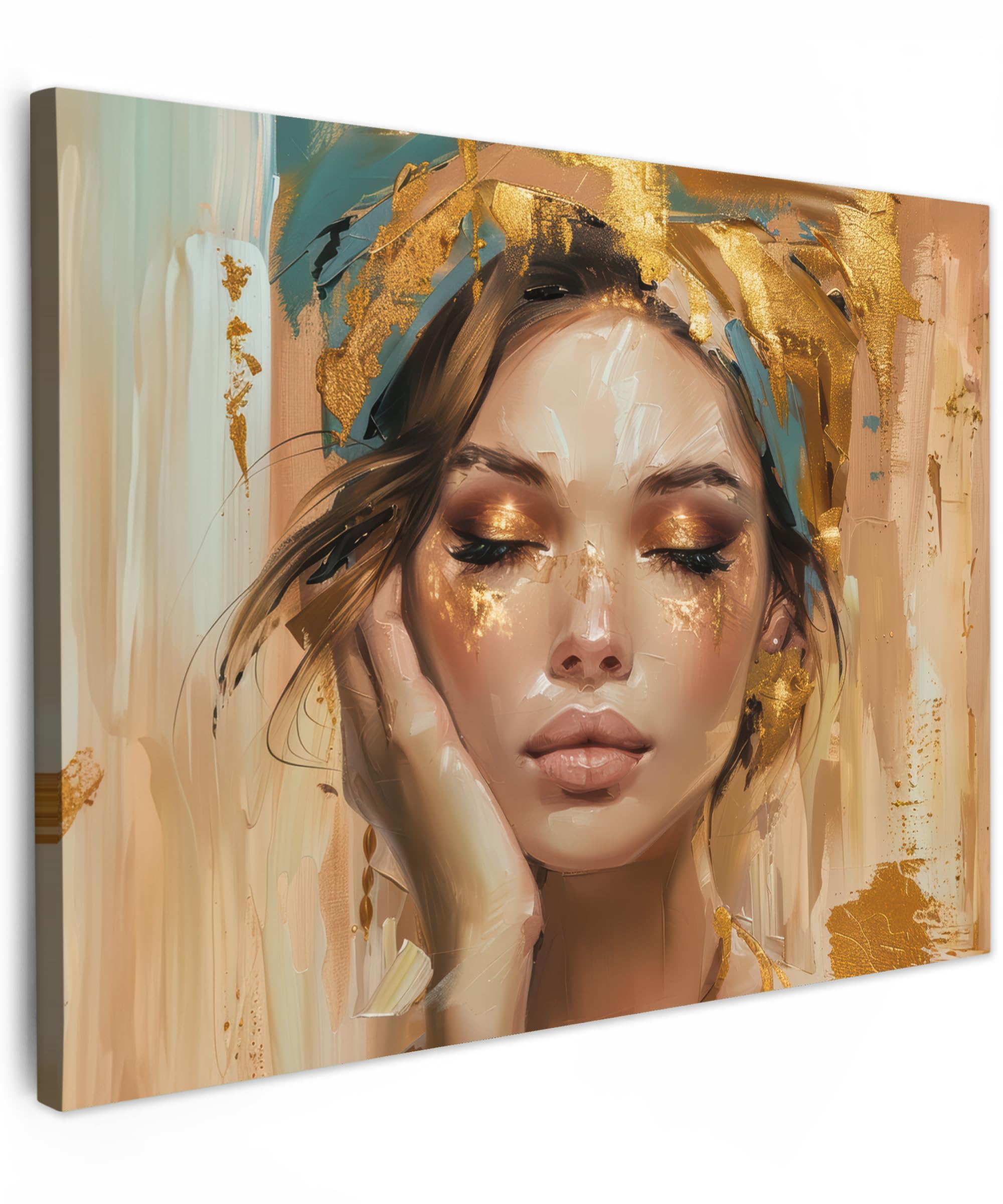 MuchoWow© Canvas Wall Art 16"x12" / 40x30 cm Decor Prints for Living Room Decorative Canvases Hall Artwork Woman - Portrait - Gold - Luxury