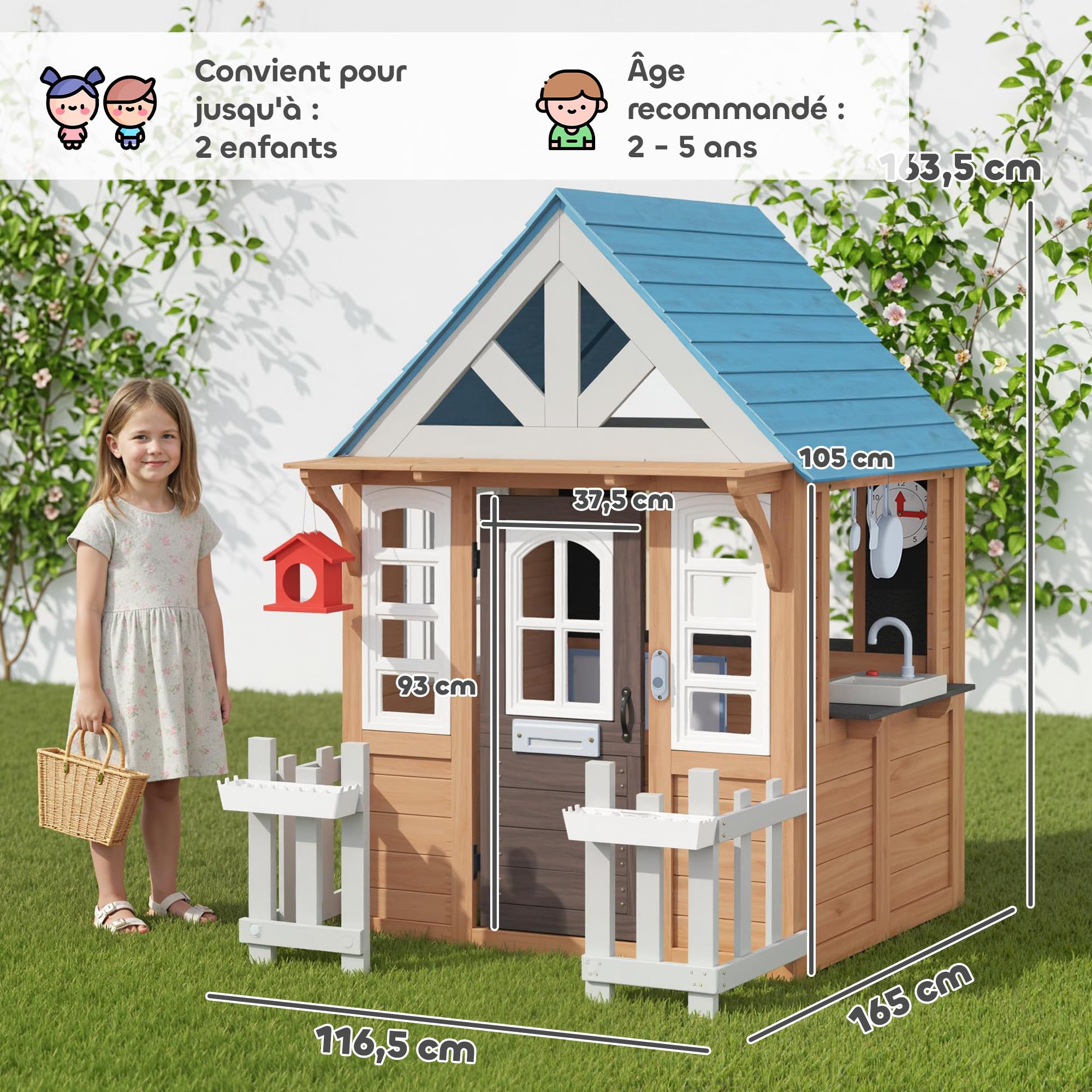 AIYAPLAY Cabane Enfant extérieur en Bois, Maison Enfant extérieure/intérieure avec chatière, Cuisine de Jeu, boîte aux Lettres, Sonnette, nichoir et clôture, pour 2-5 Ans, 165x116,5x163,5cm, Marron