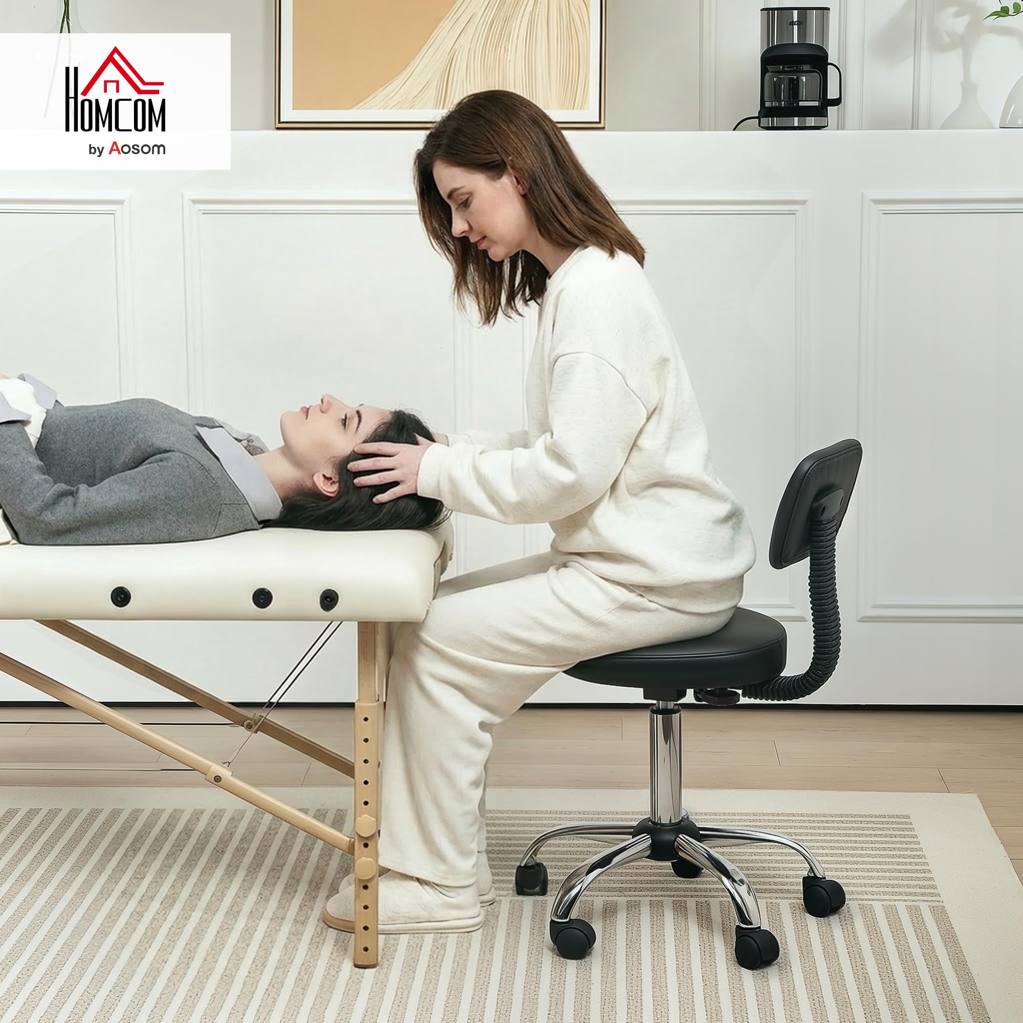 HOMCOM Taburete con Ruedas Giratorio, Taburete de Trabajo con Respaldo Desmontable, Altura Regulable, Tapizado en Cuero Sintético, para Oficina, Dormitorio, Negro