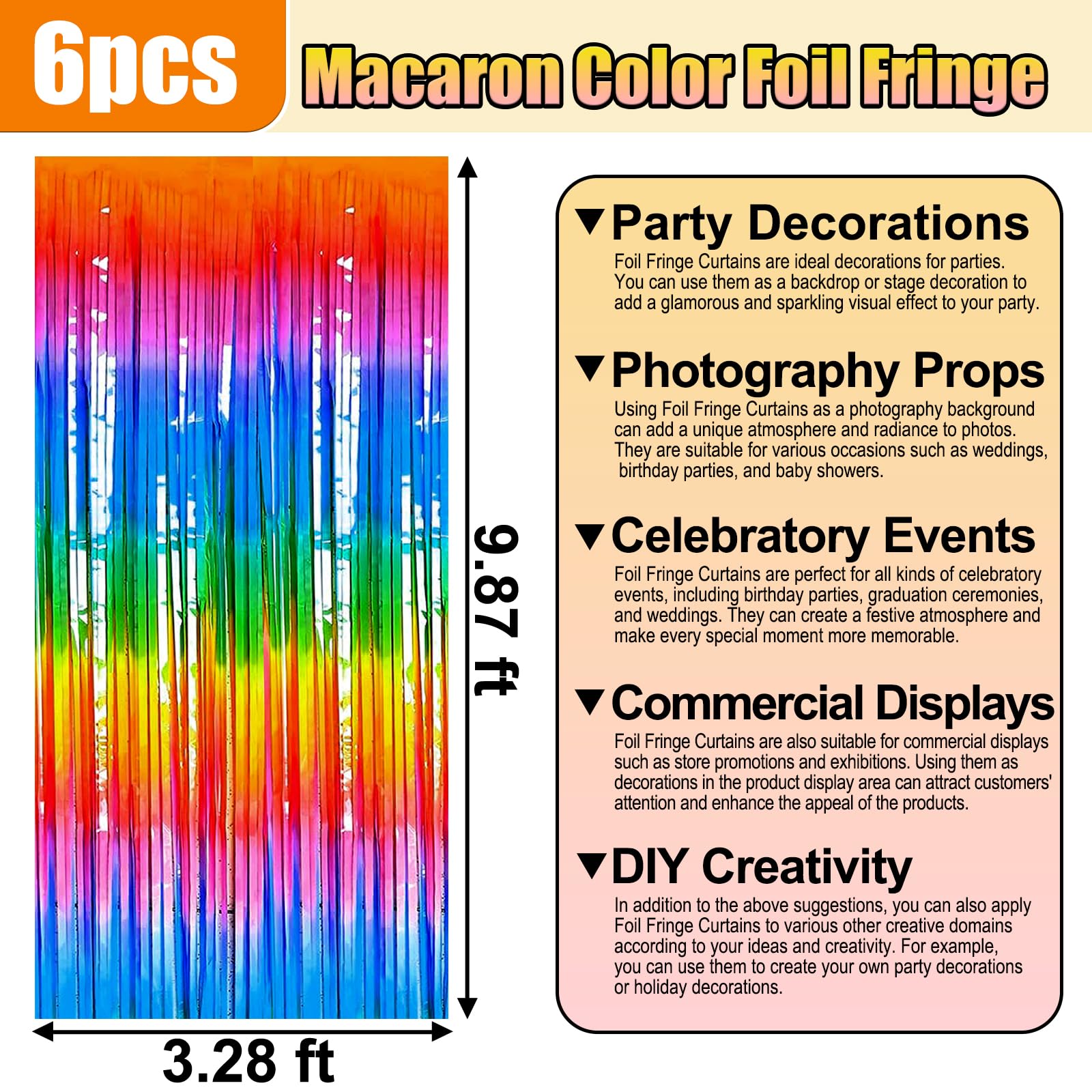 6 Pack Dark Rainbow Foil Fringe Curtain Backdrop, 3.28Ft x 9.8Ft Metallic Tinsel Foil Fringe Streamer Curtains for Photo Booth, Christmas Day, Thanksgiving, Wedding, New Year Party Decorations