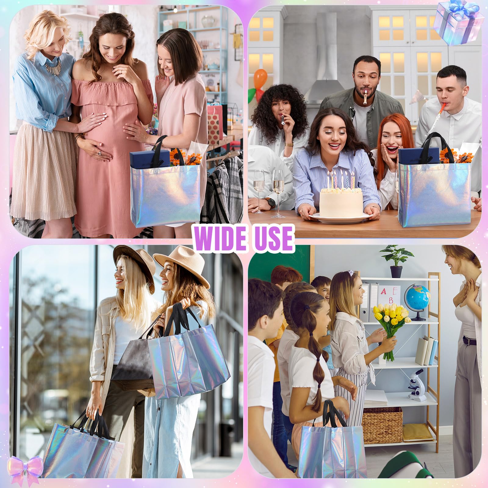 Eccliy Lot de 80 sacs cadeaux brillants réutilisables avec poignées pour mariage, enterrement de vie de jeune fille, Noël