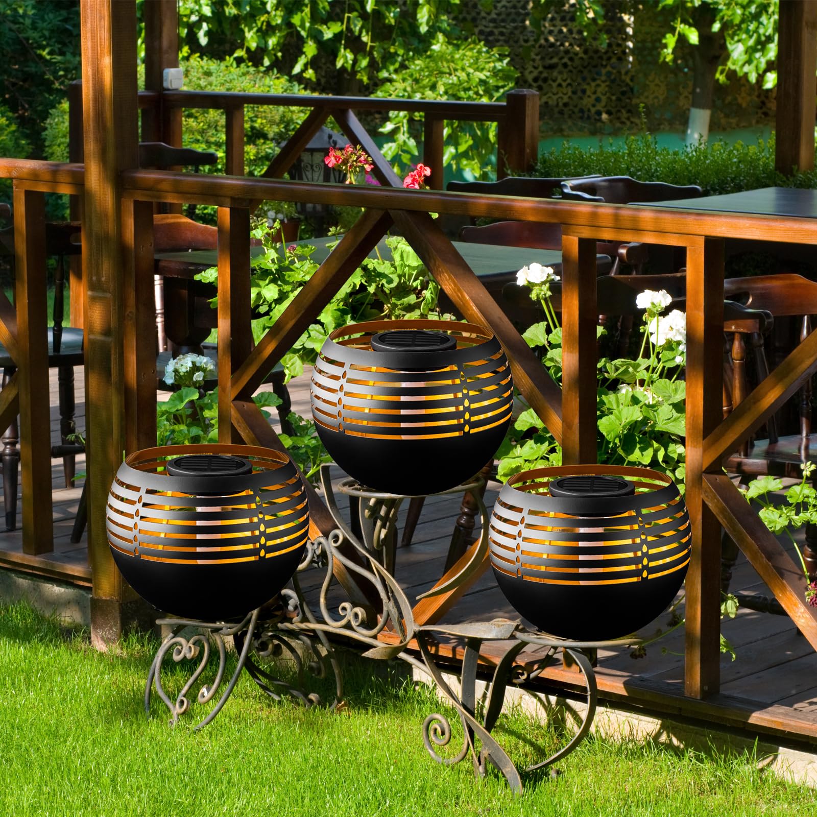 Solarna migocząca latarnia płomieniowa – wodoodporna metalowa lampa stołowa, trwała i stylowa, idealna na balkon, patio, ścieżkę ogrodową i dekorację na zewnątrz