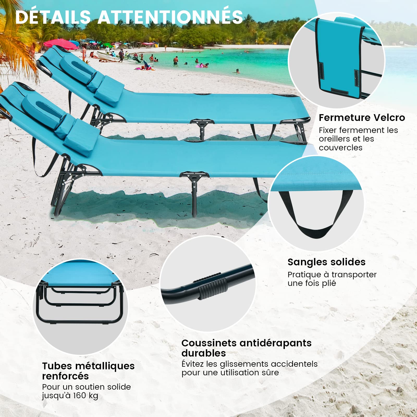 COSTWAY Chaise Longue Pliante, Bain de Soleil Réglable à 5 Positions, Charge 150kg, Trou pour Visage, 3 Coussins Amovible, Tissu Oxford, Sangle, Transat Jardin Exterieur pour Plage Piscine(Turquoise)