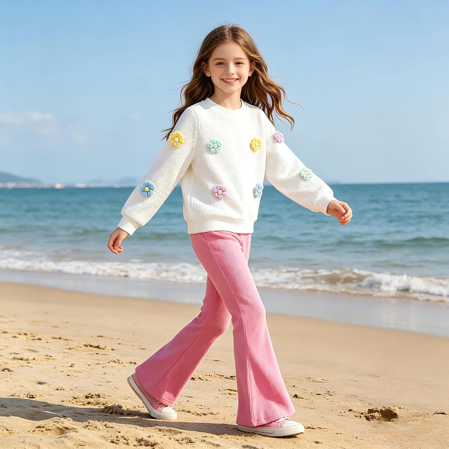 Girls 2 Piece Outfits 3D Strawberry Round Neck Long Sleeve Top+Solid Color Flared Pants Outfits Set Size 4-8 Years