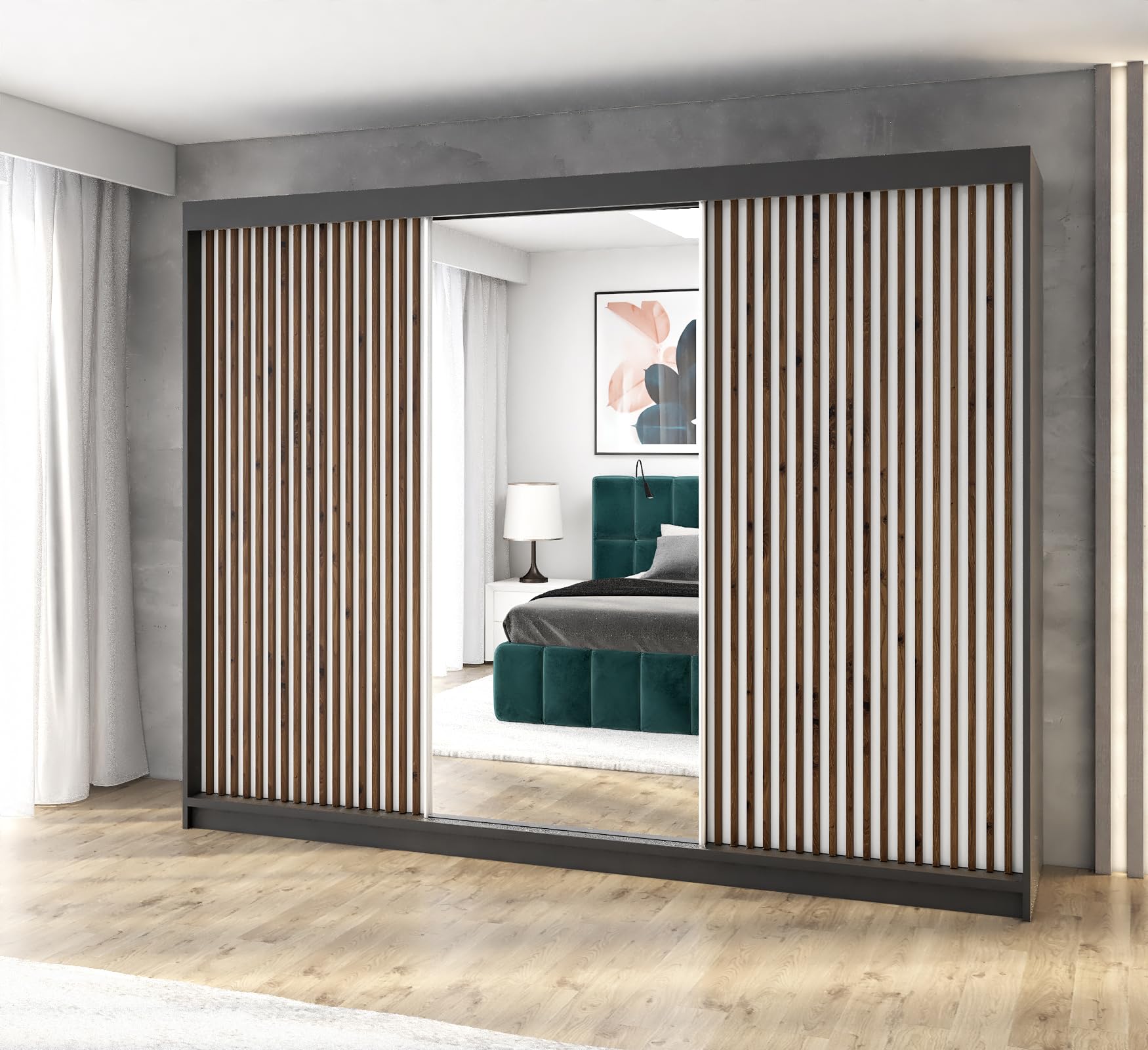 A&J MöbelLand Schwebetürenschrank FARA Kleiderschrank 3-türig 200 cm mit Spiegel und Schubladen, moderner Schlafzimmerschrank mit Schiebetüren (Schwarz)