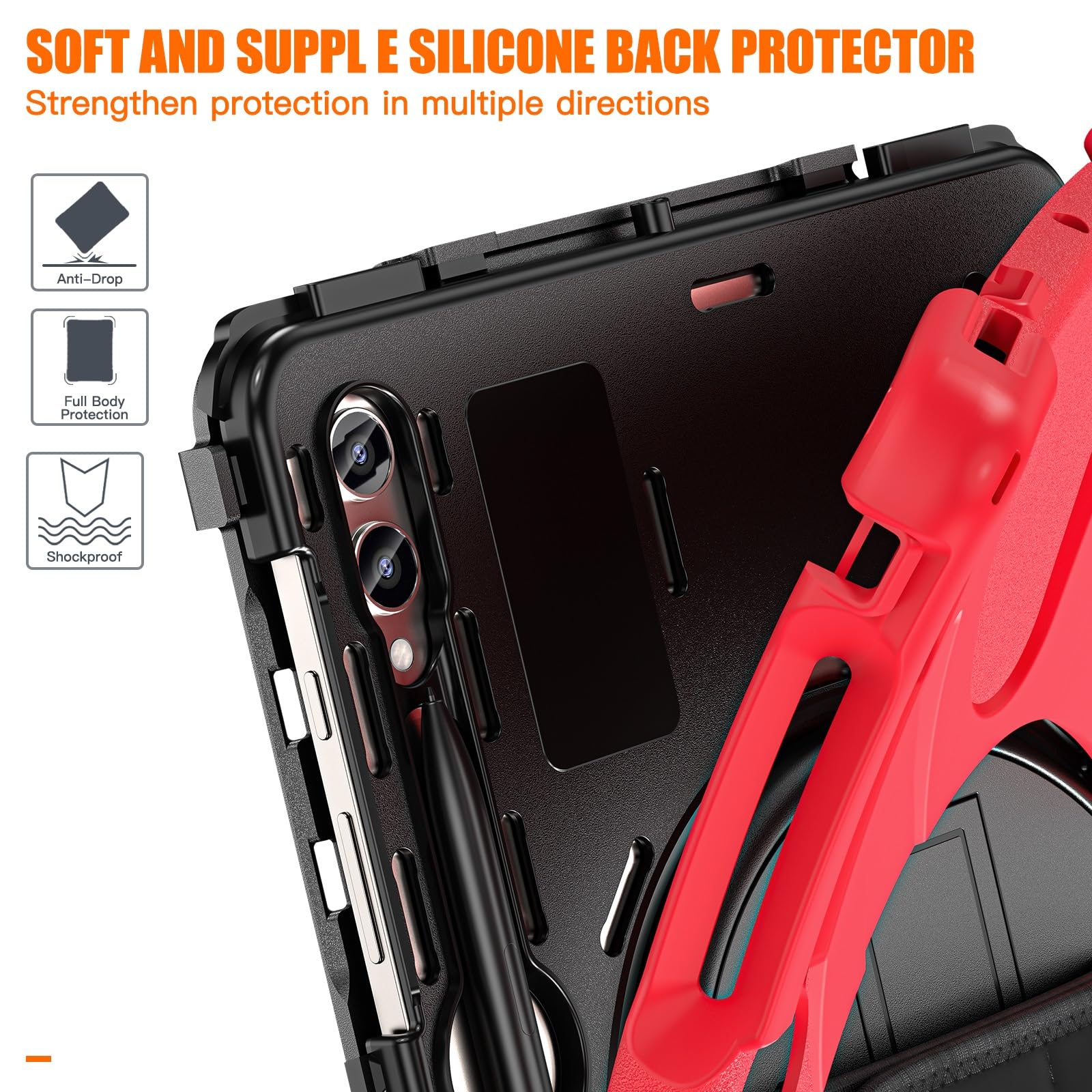 Wytrzymała, odporna na wstrząsy obudowa TPU kompatybilna z Samsung Galaxy Tab S9 FE Plus SM-X610/SM-X616 12,4 cala, etui ochronne odporne upadki, obrotową podstawką + uchwyt + pasek ramię(Rosso)