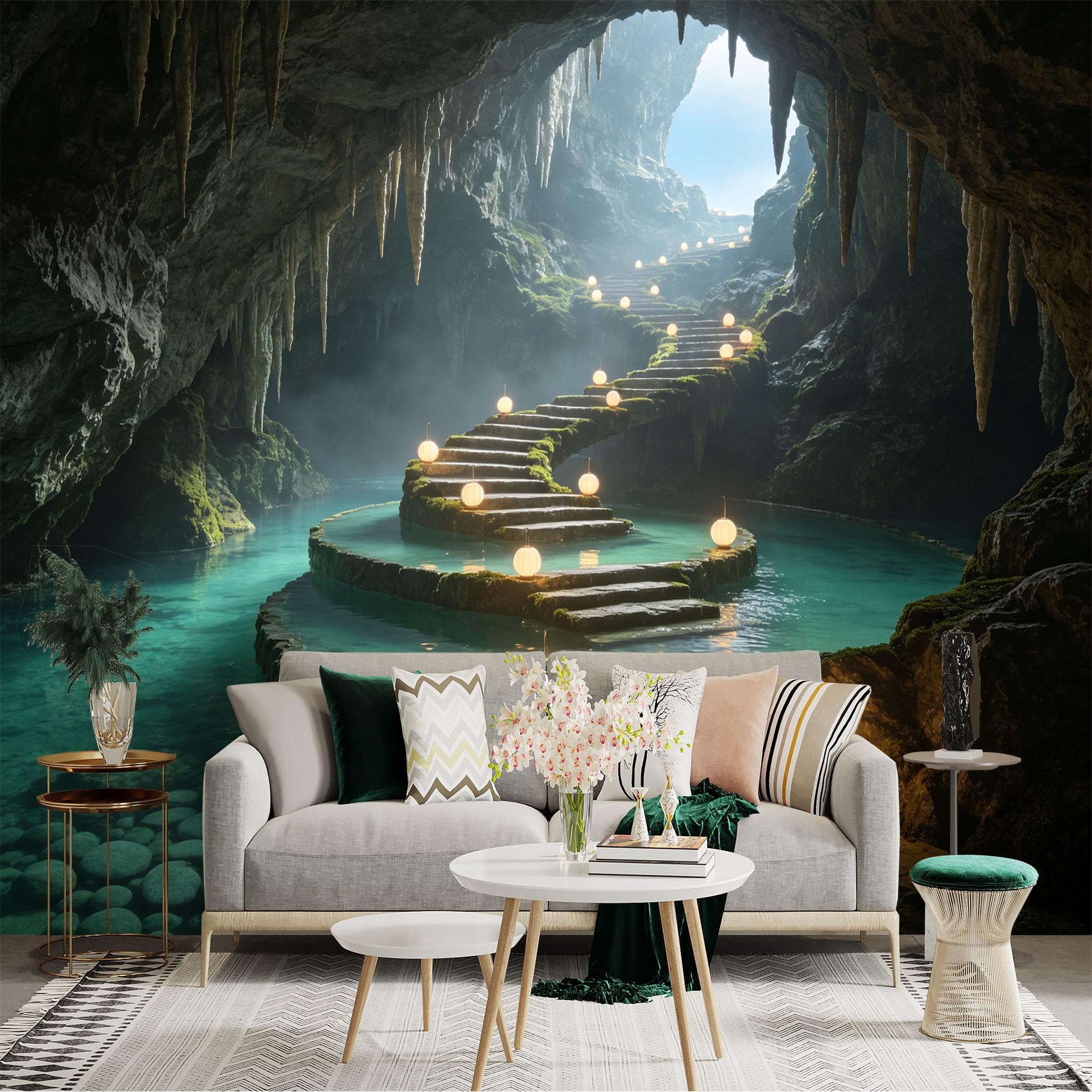 Custom Size Wall Sticker Mural， Enchanted Underground Cavern， Glowing Lanterns on Stone Stairs， Mystical Water Cave， for wall Decoration， peelandstick wall Decals.