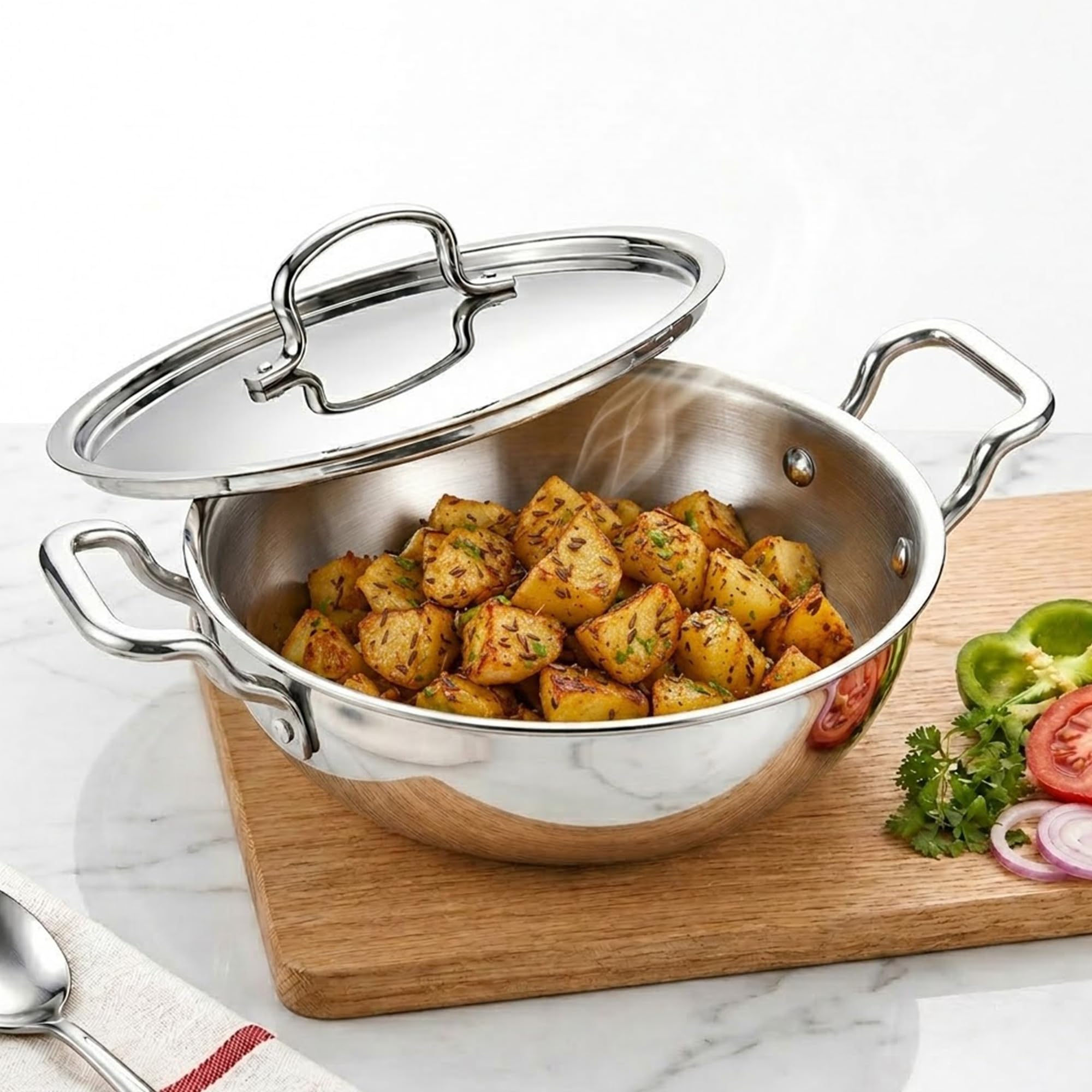 SOLARA Triply Stainless Steel Kadai with SS Lid 30 cm, Tri Ply SS Kadhai, Heavy Bottom Induction Base Cookware, Stainless Steel Cooking Pot for Frying, Sauteing, Curry — Amazon image 13