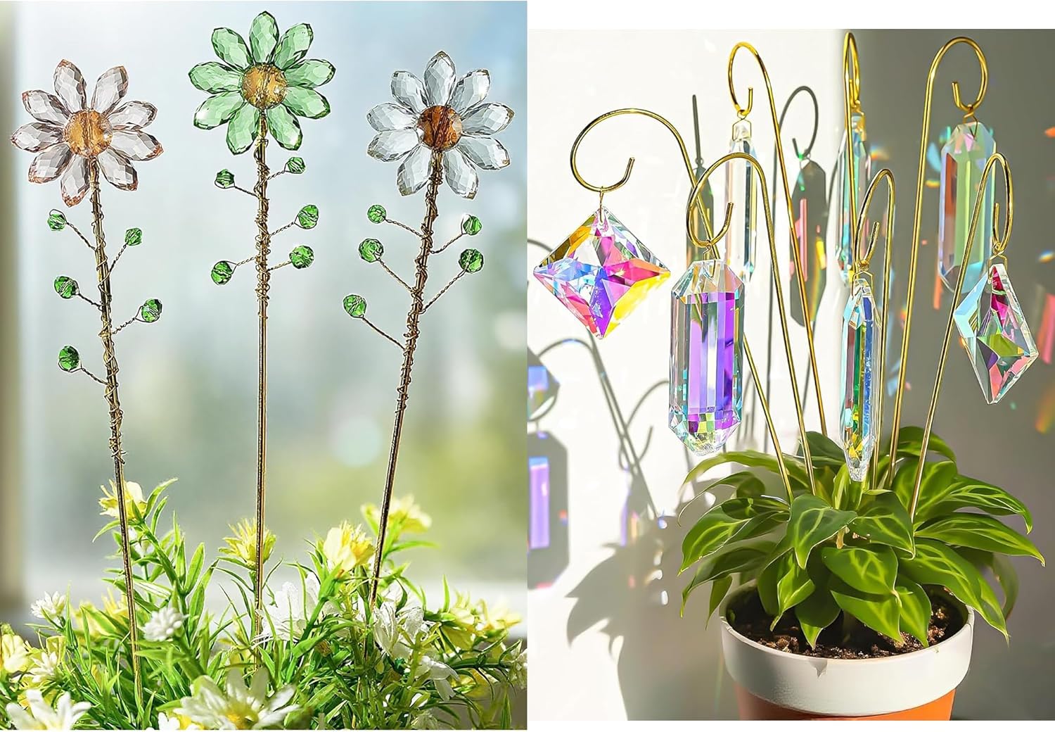 H&D HYALINE & DORA 3 Pcs Crystal Sunflower Suncatchers with 13'' Gold Trellis Metal Plant Stake and H&D HYALINE & DORA 7 Pack AB Colored Crystal Suncatcher Small Trellis Golden Plant Stake