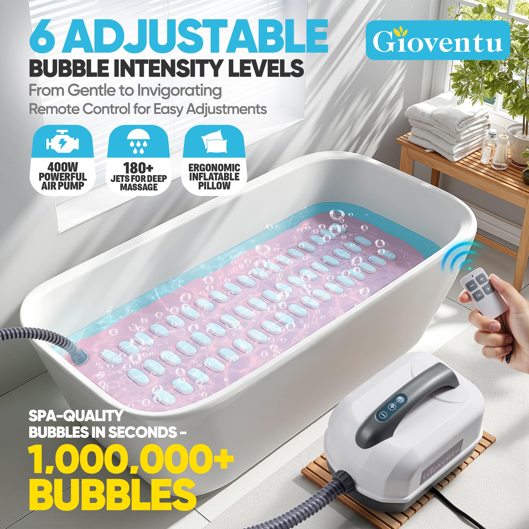 Tappetino per vasca da bagno aggiornato, massaggiatore portatile con 6 impostazioni regolabili, design antiscivolo aggiornato e telecomando, tappetino per vasca da bagno a casa, supporto completo
