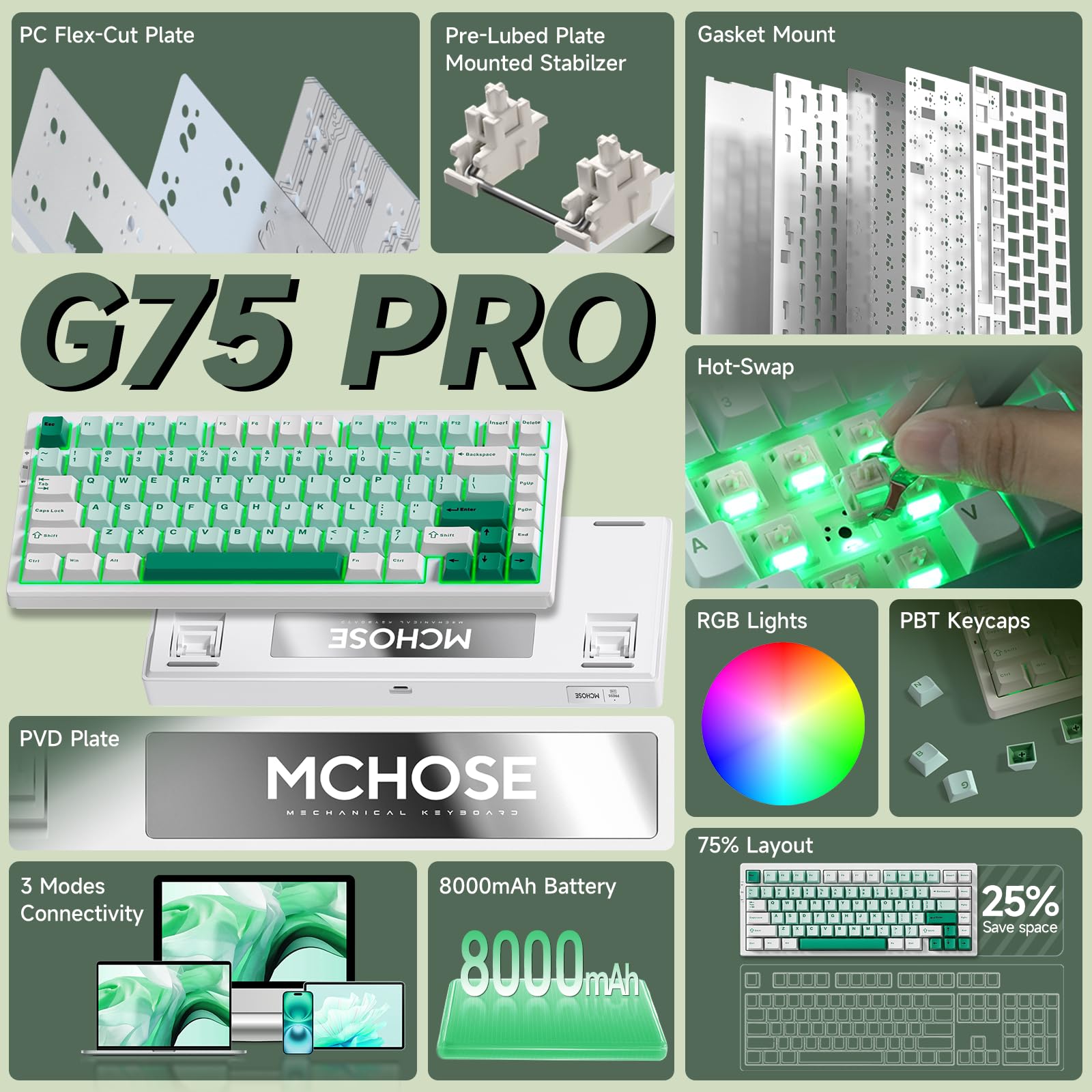 Amazon | MCHOSE G75 PRO ワイヤレス メカニカルキーボード トライ