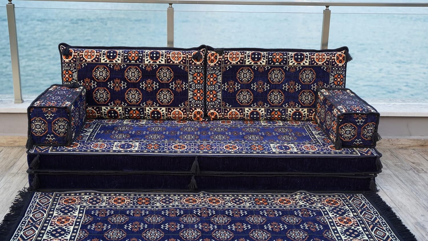arabicsofa Navy Blue Moroccan & Arabic Majlis Floor Sofa Set – 8 Inch Thick Handmade Modular Floor Seating with Backrest Pillows