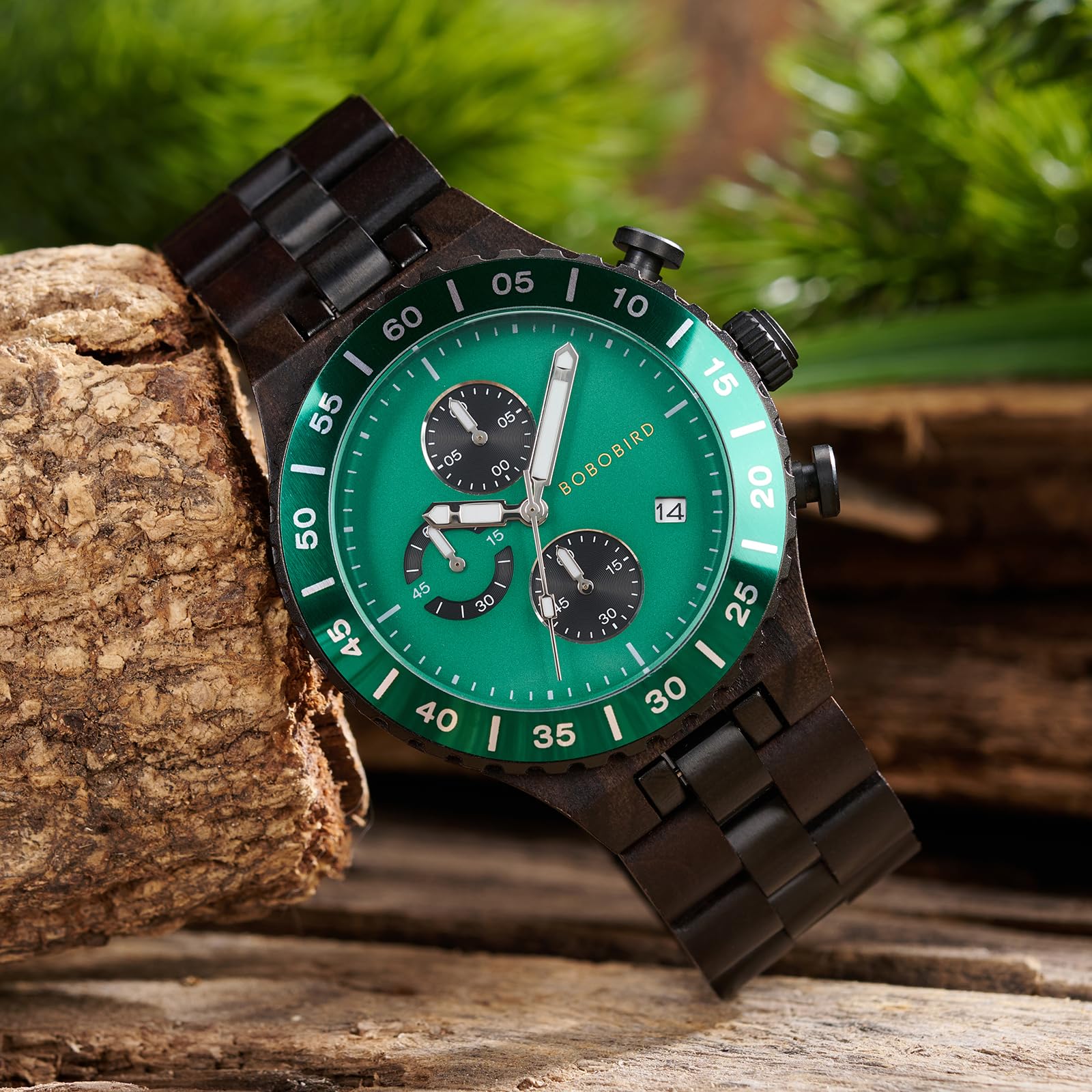 BOBO BIRD Orologio da uomo in legno, cronografo, al quarzo, con datario, quadrante grande 43 mm, lancette luminose, orologio da polso in legno naturale e acciaio inossidabile, regalo per lui