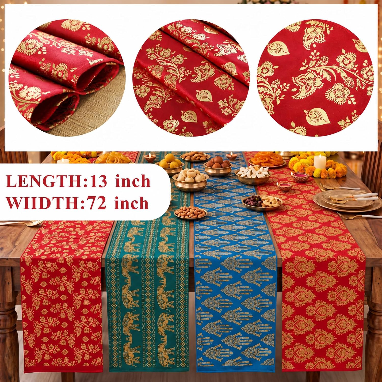 Gilprop 4 Pcs Diwali Table Runner 13x72 Inch Indian Table Cloth Decoration image 2