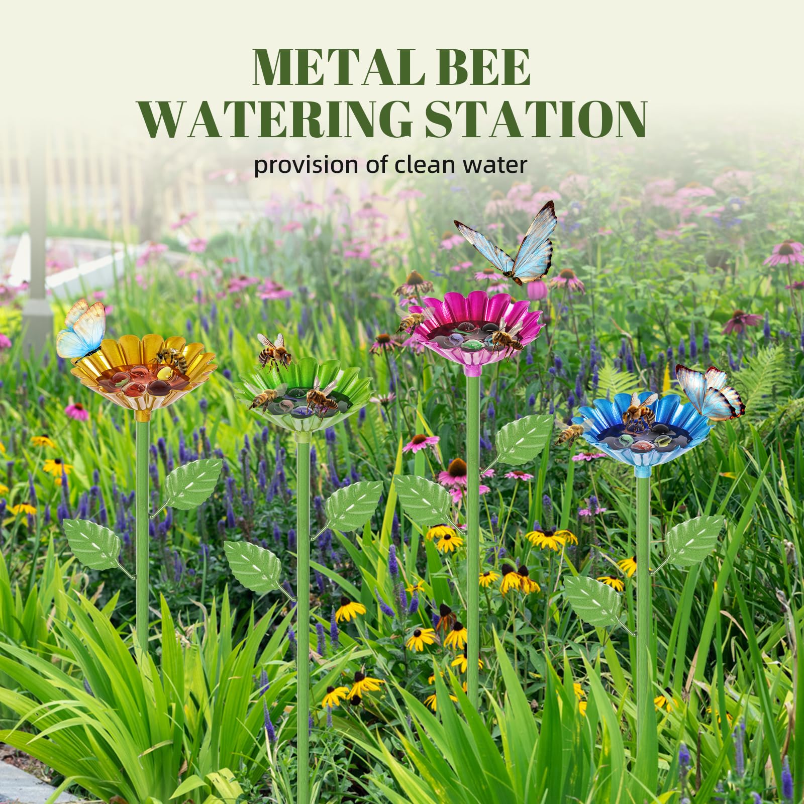 Bienengießstation, 4 Stück Metall Bienenbecher für Garten, Bienenfutterspender für durstige Bestäuber mit 20 Glasmurmeln, Bestäuber Wasserspender für Bienen & Schmetterlinge, Outdoor Garten Hof Dekor