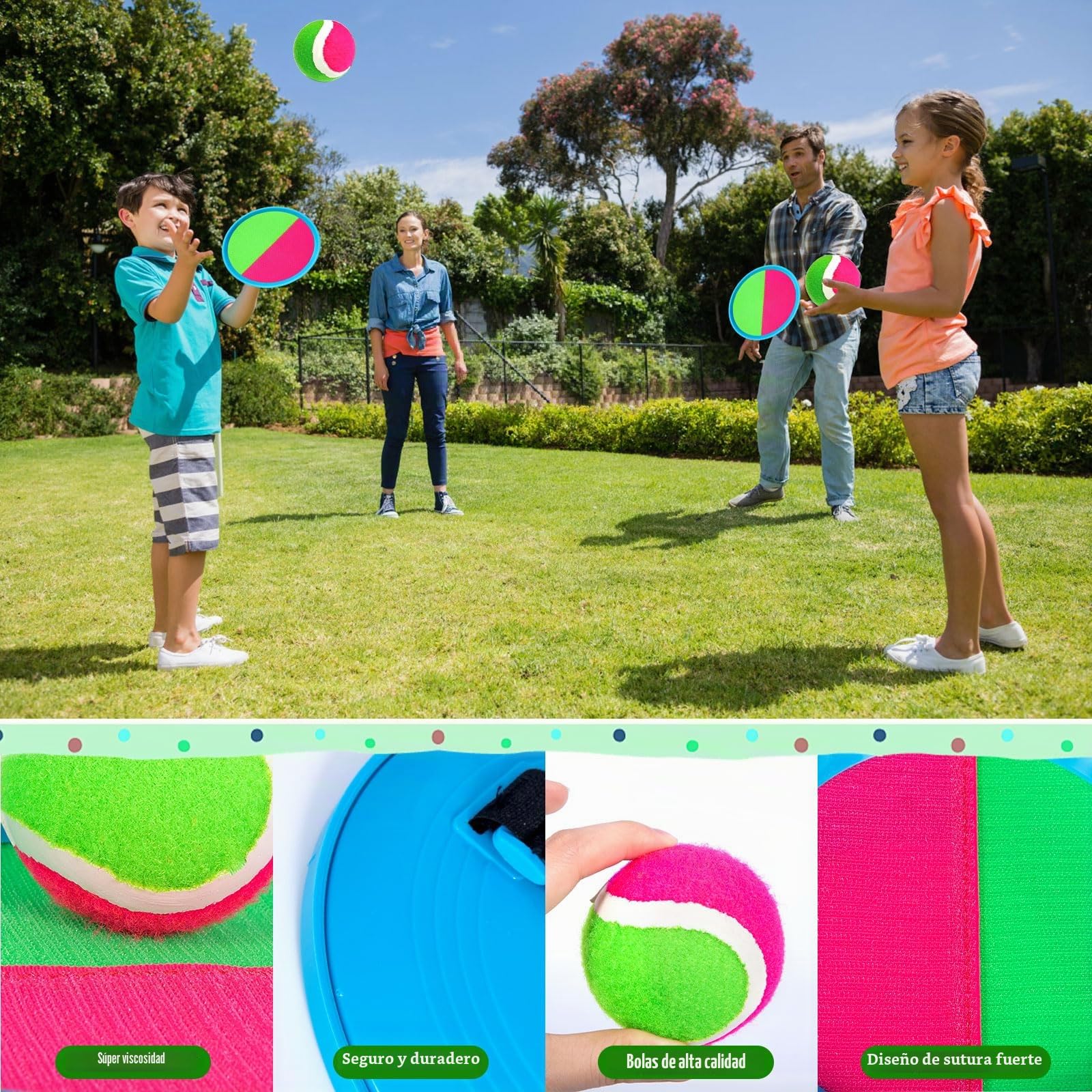 Juguetes Playa Juego de Bola y Lanzamiento Adecuado para niños de 3 4 5 6 años Ligero Klettballspiel Lanzamiento Pelota Juegos niño Adulto con 4 Raquetas 4 Pelotas Adecuado para Jardines