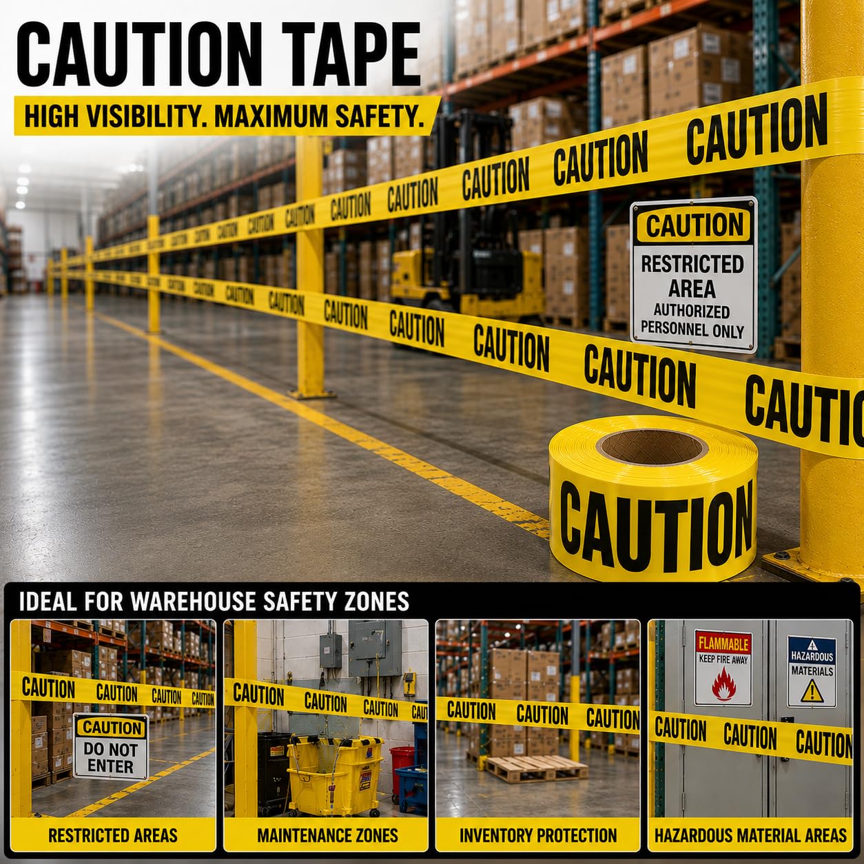 ATERET Premium Yellow Caution Tape I 3 inch x 1000 feet I Harzard Tape w/Bright Yellow & Bold Black Text I 3" Wide for Maximum Readability I Ideal Use for Danger/Hazardous Areas (1-Pack) — Amazon image 6