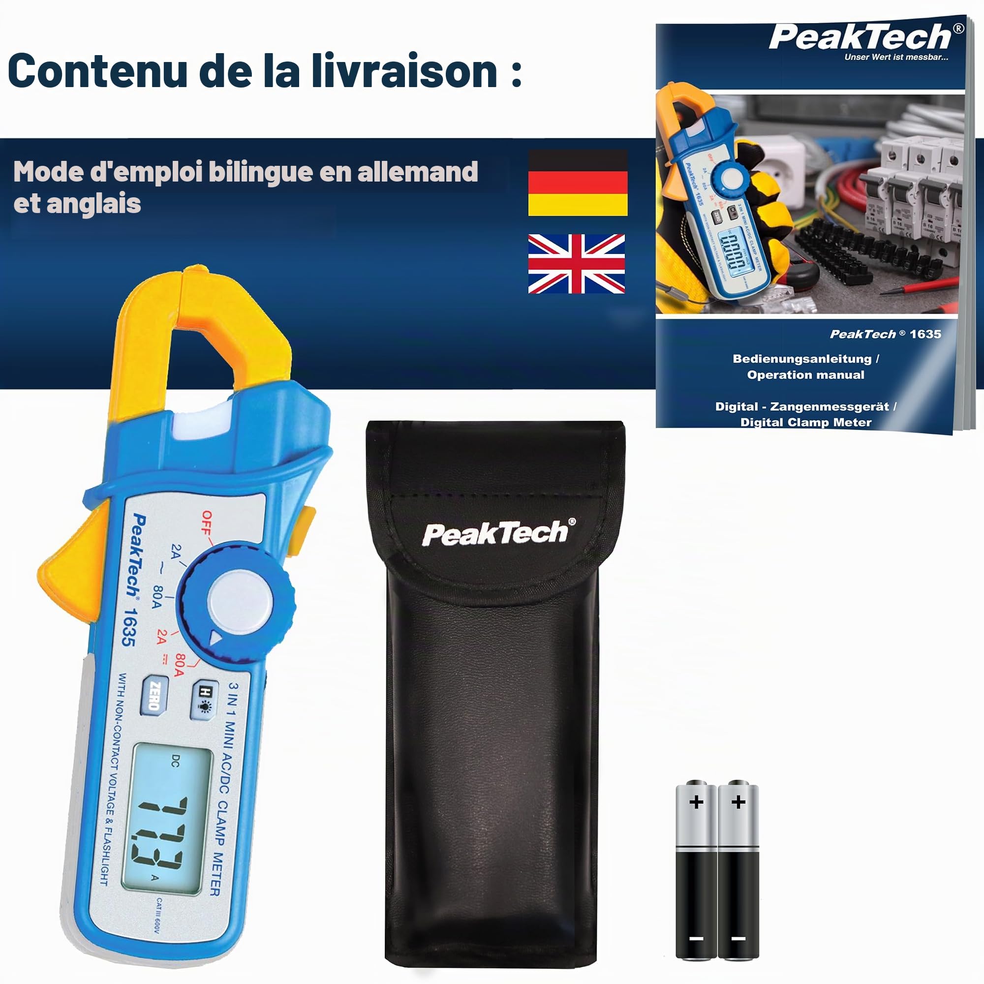 PeakTech P 1635 Pince ampèremétrique, pince ampèremétrique, avec résolution 1 mA et NCV, 1 pièce, P 1635