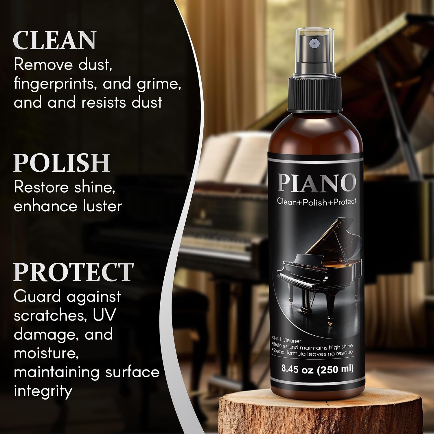 8.45 oz Piano Cleaner Polish Kit for High Gloss Finishes, Clean, Shine & Protect Care Spray with Dust Brush & 2 Microfiber Cleaning Cloths, Anti-static Removes Dust, Fingerprints & Smudges