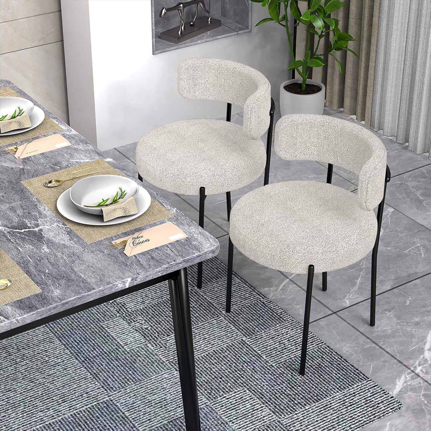 Set of 2 White Boucle Upholstered Dining Chairs with Metal Legs