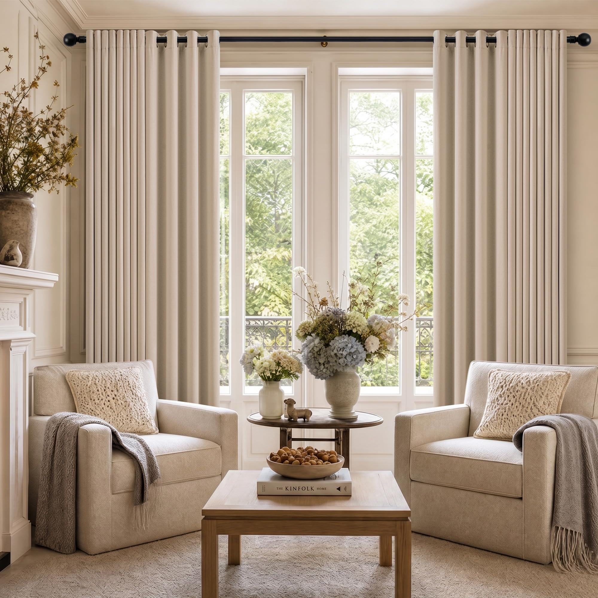 Blackout Curtains for Living Room 96 Inch Drop 2 Panels Eyelet Black Out Curtains Light Blocking Thermal Energy Efficiency Soundproof Double-Sided Linen Bedroom Curtains Drapes Beige Cream 52"W x 96"L