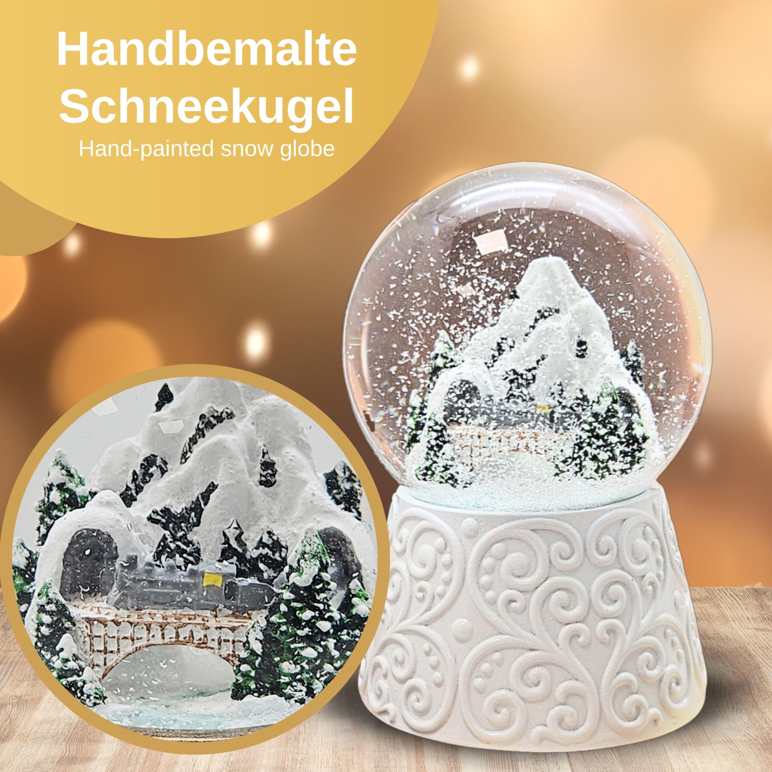 Weihnachts-Schneekugel mit Musik | Berglandschaft mit Brücke | Sockel weiß Ornament | 100mm breit, 140mm hoch | mechanische Spieluhr | Weihnachtsdekoration | 20292