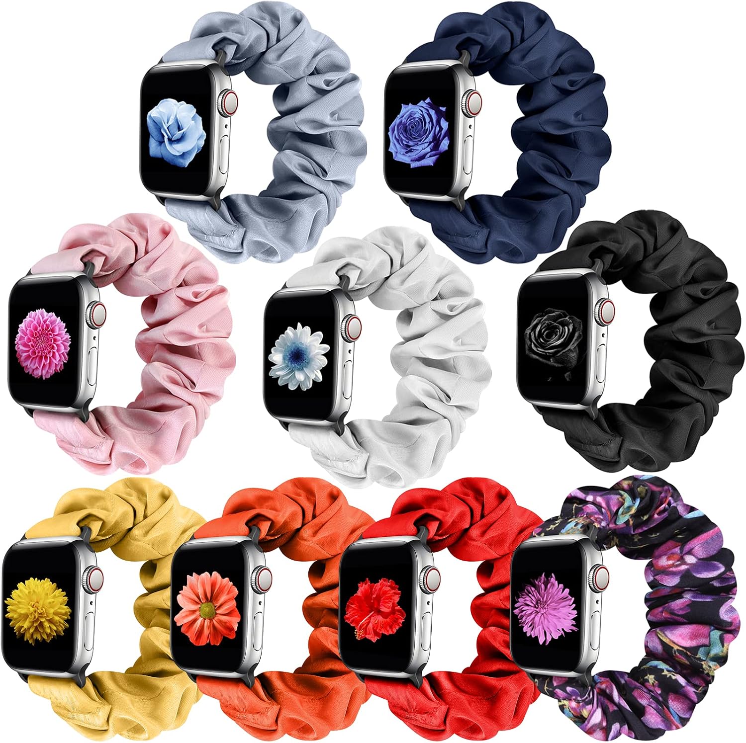 XFYELE Scrunchie Solo Loop Watch Bands Compatible with Apple Watch 45mm 44mm 42mm 41mm 40mm 38mm, Elastic Soft Pattern Printed Fabric Replacement Wristbands Bracelet Strap Women Girl for iWatch Series 8/7/6/5/4/3/2/1/SE