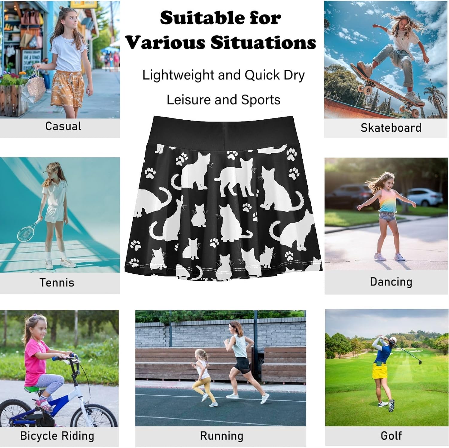 visesunny White Cat Paw Print Girl's Golf Skirt Athletic Tennis Skort Sport Activewear with Double Layer Pockets
