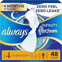 Always Infinity FlexFoam Pads for Women, Size 4, Overnight Pad with Wings, Unscented, Up to Zero Feel, Zero Leaks, 48 Count