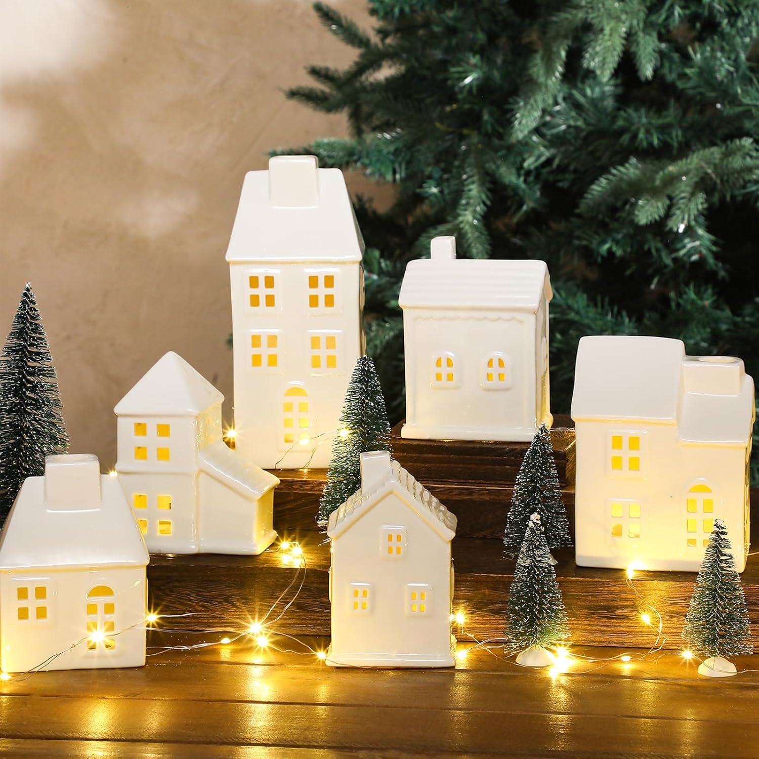 16 Pcs Ceramic Christmas Village Sets Include 6 White Porcelain Village Town Houses 9 Christmas Trees and 50 LED Light with Remote Control for Xmas Scene Holiday Mantle Desktop Decoration