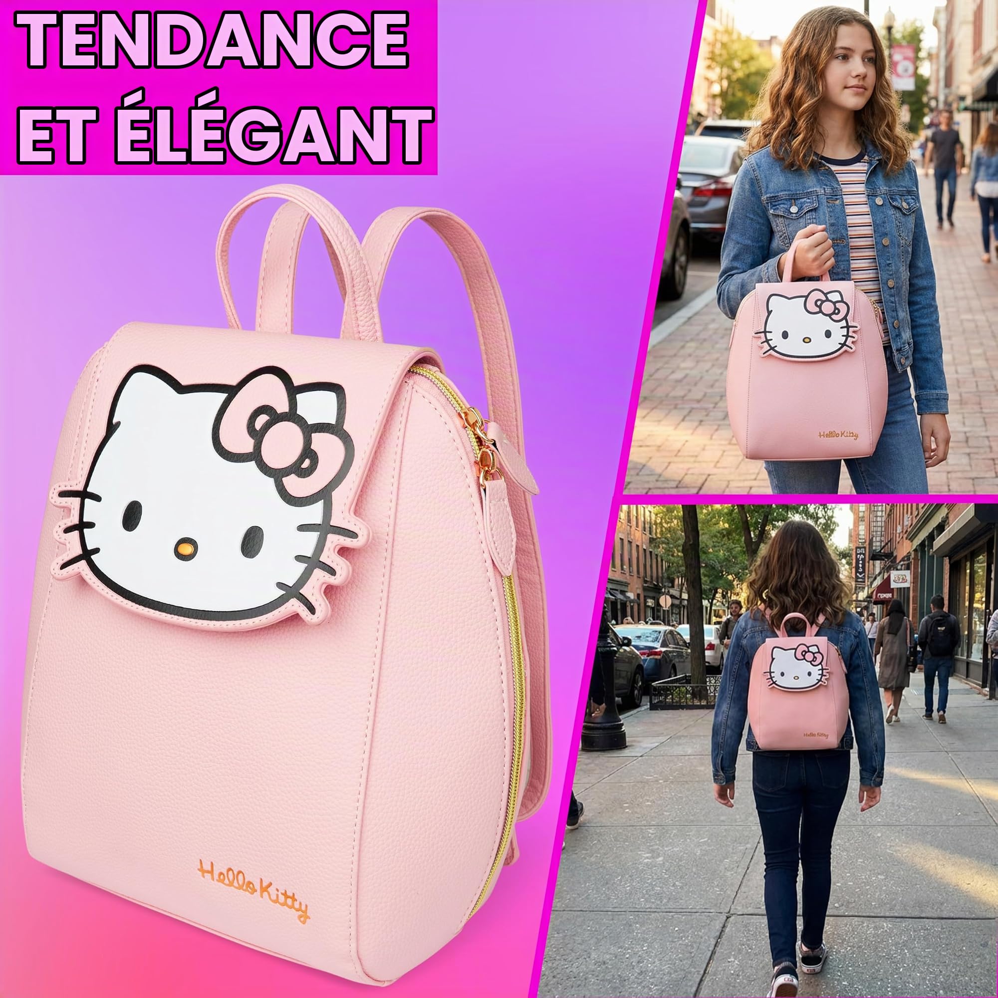 Get Trend Hello Kitty Sanrio Sac à Dos Femme et Ado, Sac Kawaii Mode en Similicuir PU, pour Travail, Voyage ou Loisirs, Cadeau Original (Rose Hello Kitty)