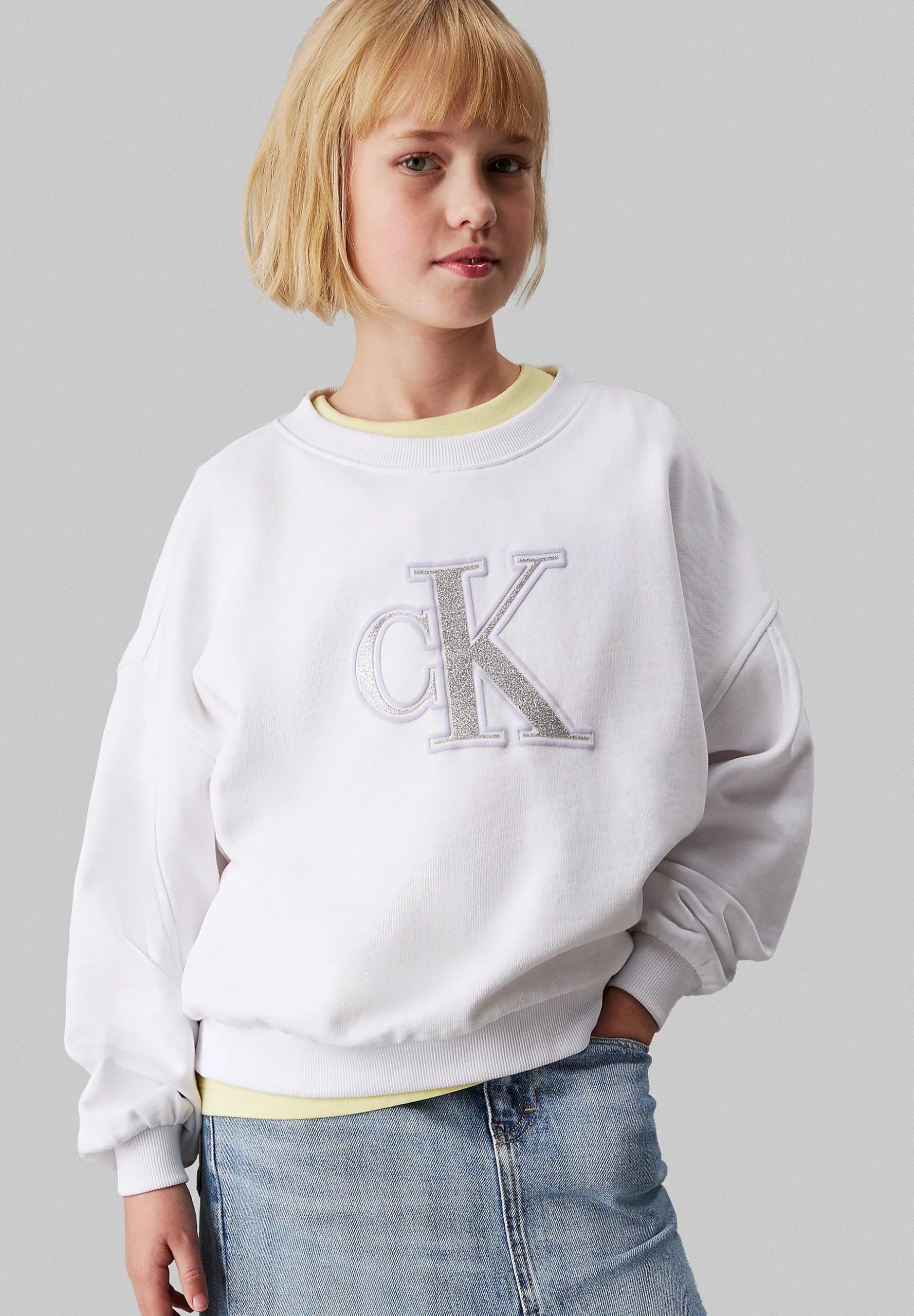 Calvin Klein Jeans Felpa Bianca Ampia con Logo Davanti