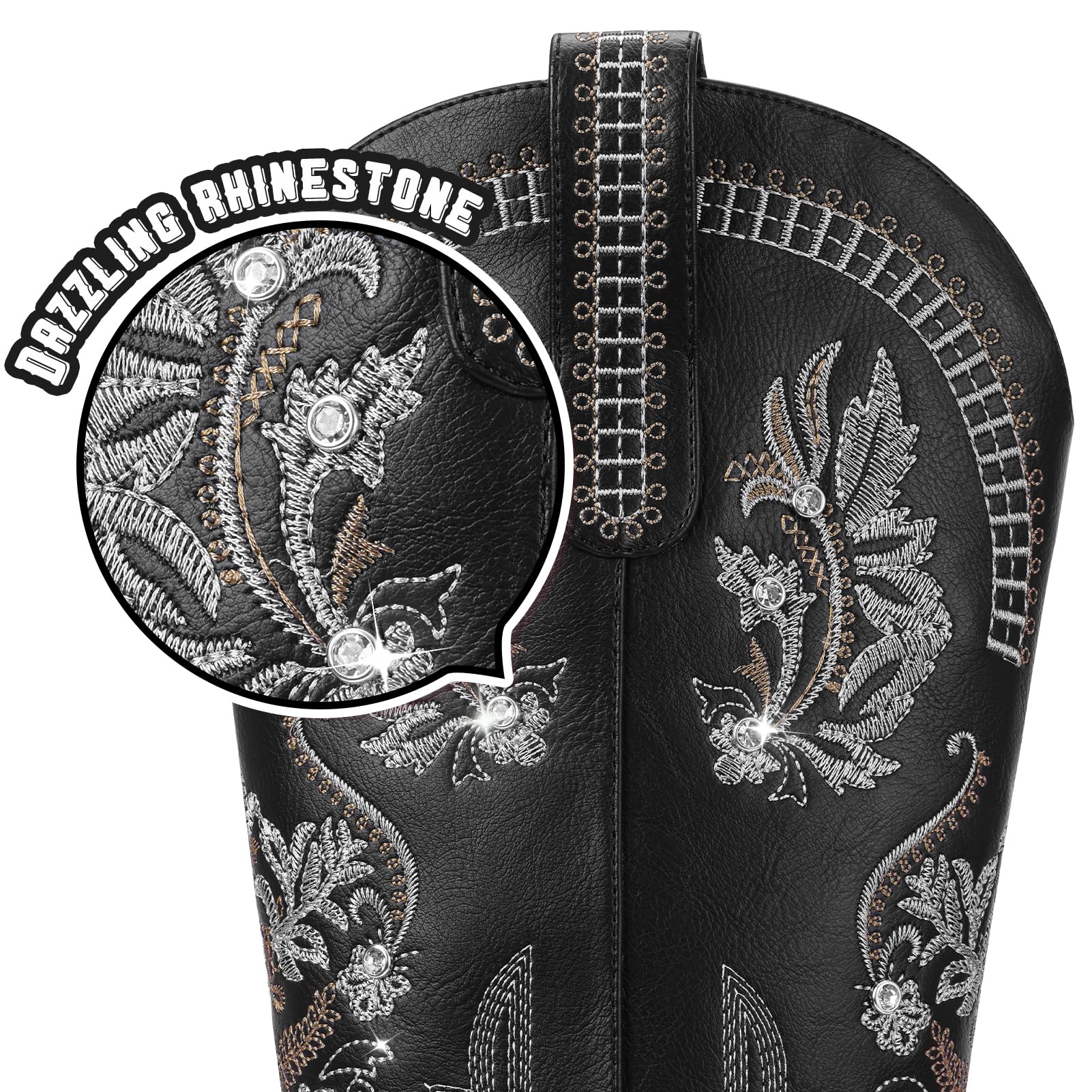 Lumeheel Stivali da cowboy da donna, larghi al polpaccio, alti al ginocchio, stile western, con strass scintillanti, stile country, con classico ricamo, a punta, tacco grosso, stile vintage, nero,
