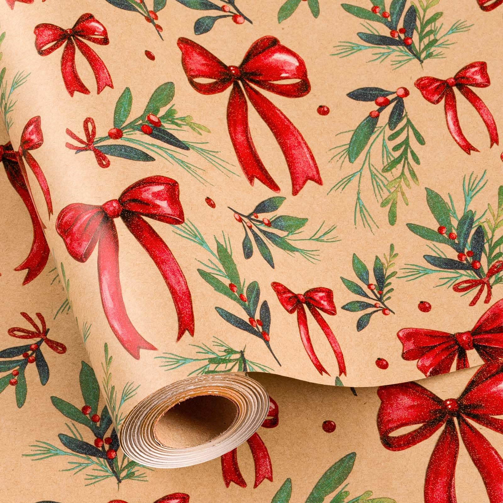 MAYPLUSS Christmas Wrapping Paper Roll - 17IN X 33FT - Kraft Gift Wrapping Paper Featuring Cute Bow Christmas Holly Reversible Cut Lines for Kids, Holiday, New Year โ image 1