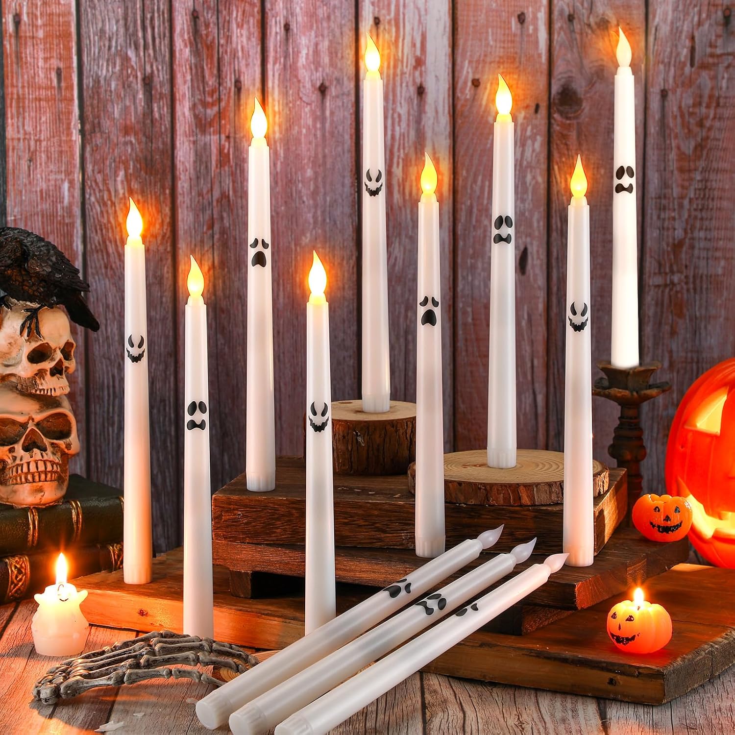 Glooglitter 12 Pcs Halloween Ghost Flameless Taper Candles 10.24'' LED Battery Operated with Remote and Timer, White Spooky Ghost Candle Real Wax for Halloween Party Indoor Table Fireplace Decoration