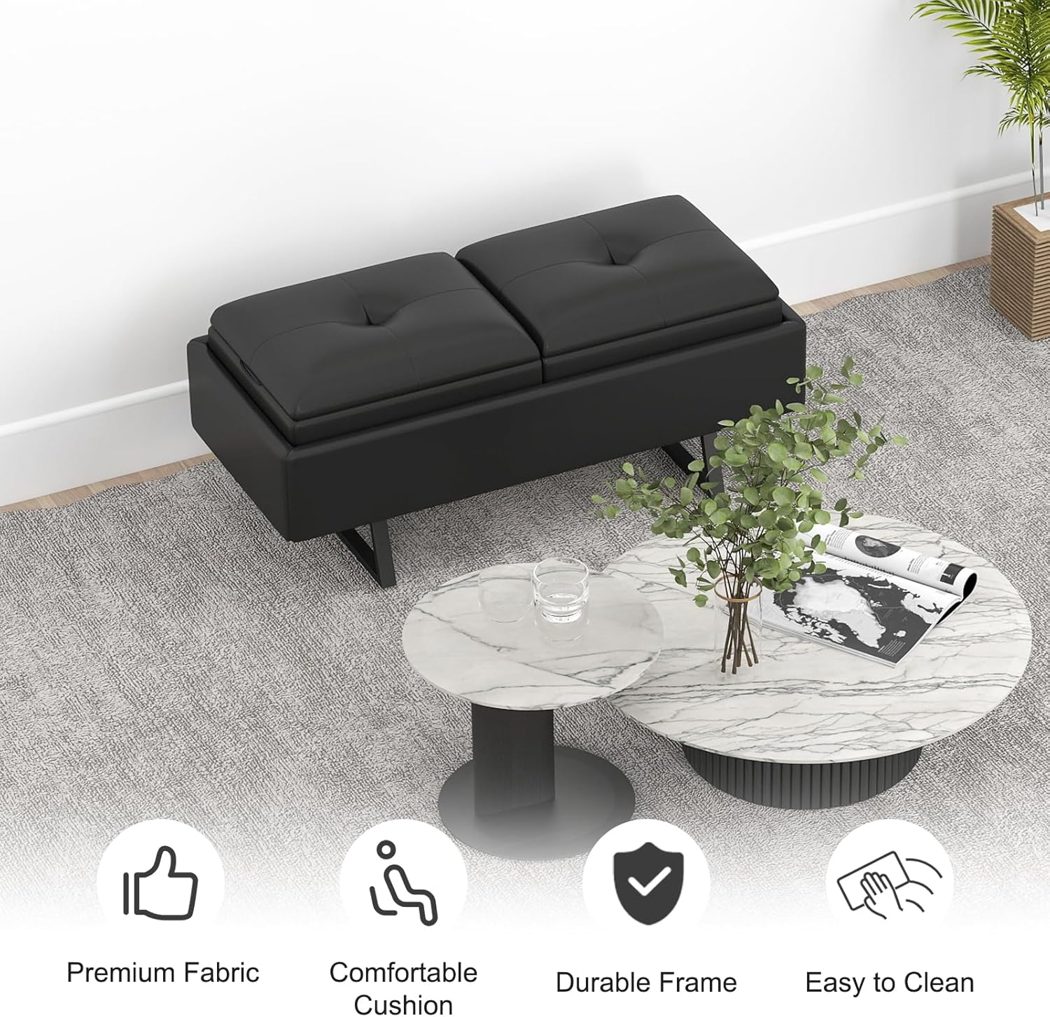 MOTION Leather Bench Waiting Room Chairs - 2 Seat Office Guest Reception Bench with Cushion, Upholered Waiting Room Bench Seating, Office Furniture Lobby Chairs for Salon, Shop, Black