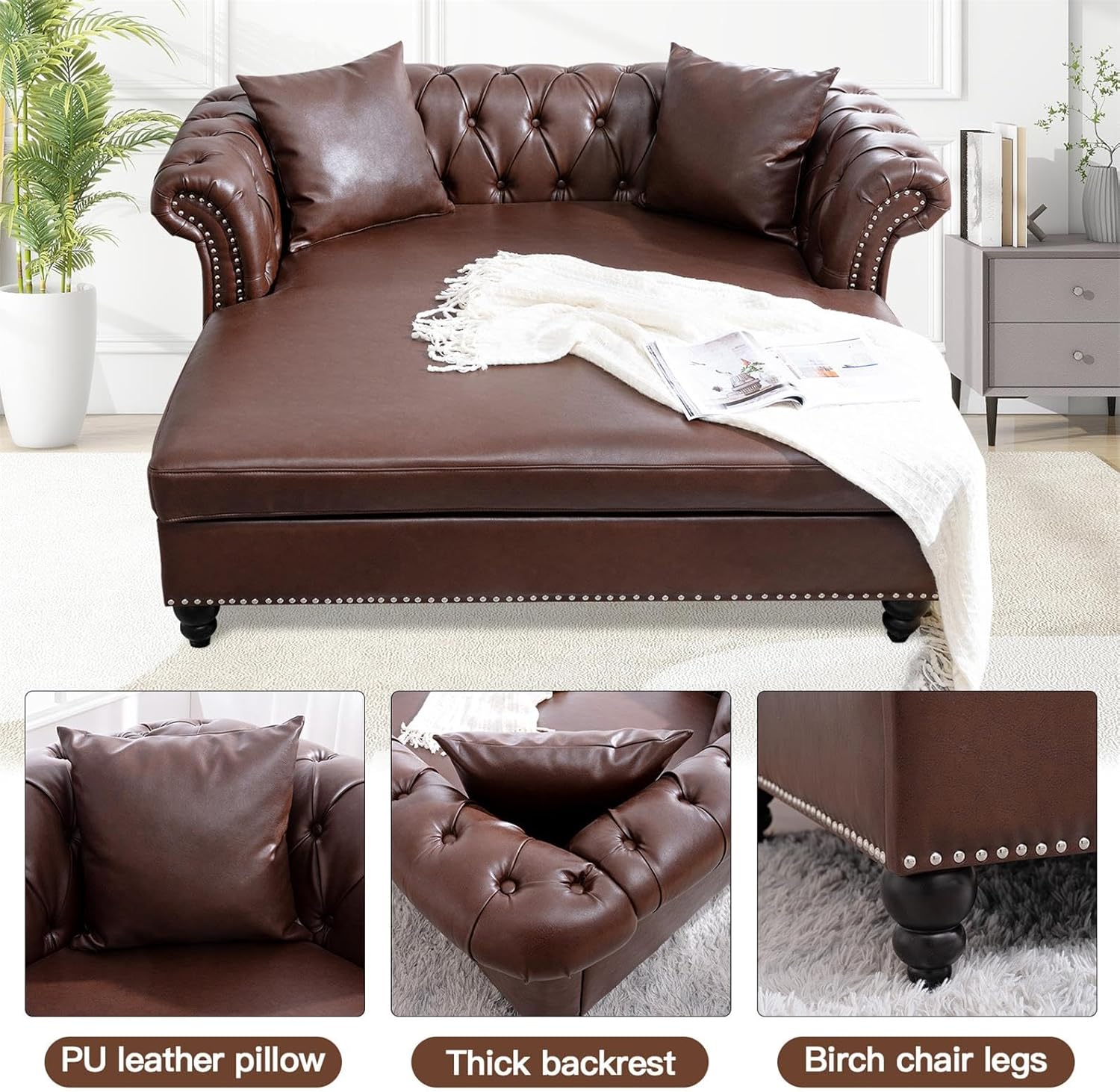 63" Oversized Chaise Lounge Chair, Double Chaise Lounges Sofa, Faux Leather Chesterfield Sofa Indoor with 2 Pillows and Rolled Arm Loveseat Chaise Lounge (Brown)