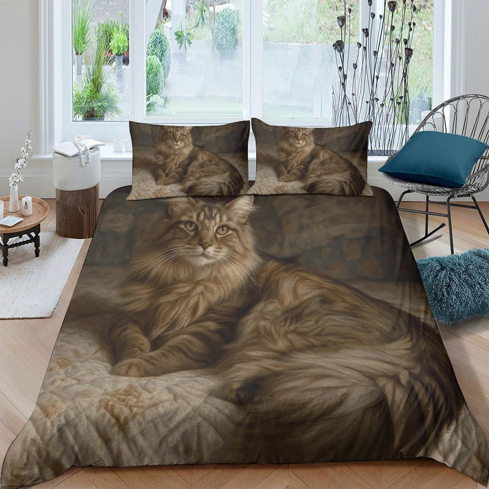GPLZQXKJNH 3D Printed Realistic Brown Cat Duvet Cover Microfiber Soft Breathable Feline Bedding Set with 2 Pillowcases for Bedroom Home Decor Single（135x200cm）