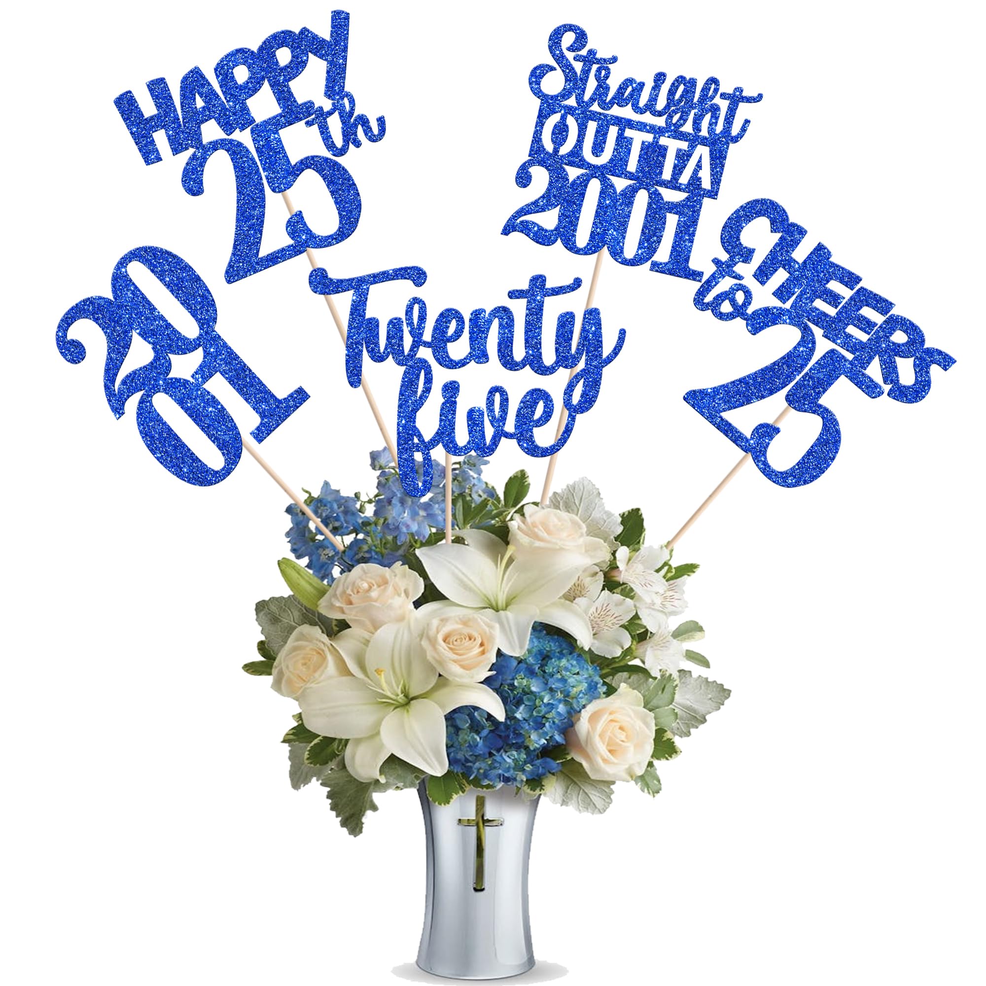 15 PCS 25th Birthday Centerpiece Sticks Twenty Five Happy 25 Straight Outta 2001 Table Flower Centerpieces Sticks Cheers to 25 Floral Decorations for 25th Birthday Party Centerpieces Supplies Blue
