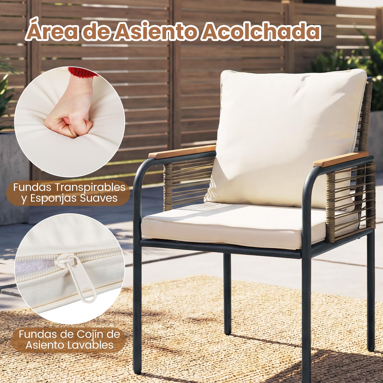 COSTWAY Conjunto de Muebles de Jardín, 3 Piezas de Ratán para Exterior Que Ahorra Espacio con Cojines, Mesa Rectangular de Vidrio y Sillas de Ratán para Balcón, Jardín y Patio (Beige)