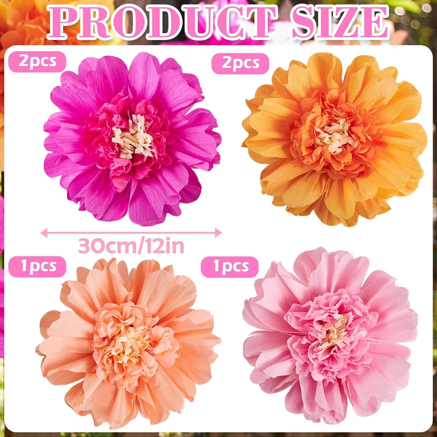SUNBEAUTY 6PCS Hot Pink and Orange Paper Flowers 12 Inch Large Tissue Paper Flowers Decorations for Wall Giant Crepe Paper Flowers for Girl Women Birthday Office Classroom Bridal Wedding Backdrop