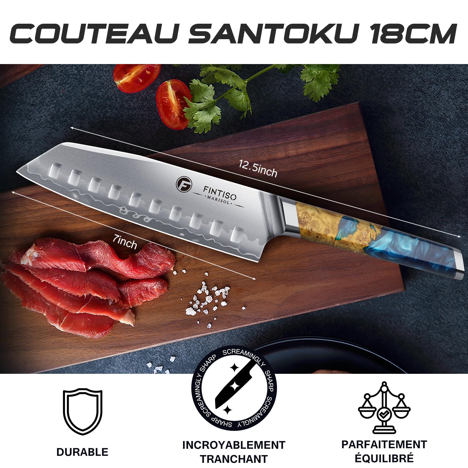 FINTISO Couteau Santoku 18CM Couteau de Chef Japonais Ultra Tranchant, Noyau en Acier en Poudre S35VN, Acier 7 Couches, Manche en Résine Céleste et Bois Stabilisé,Idée Cadeau Parfaite