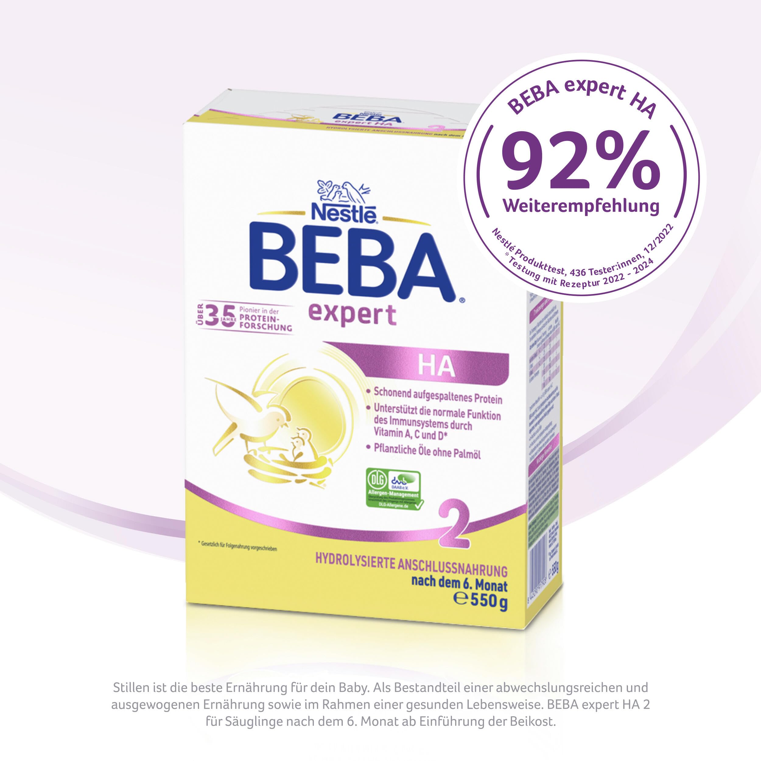 BEBA expert HA 2 - Folgemilch nach dem 6. Monat, Hydrolysierte Anschlussnahrung, Patentierets Produkt, Nur Laktose, Ohne Palmöl, Ohne Fischöl, Babynahrung, Baby-Milchpulver, 6er Pack (6 x 550g)