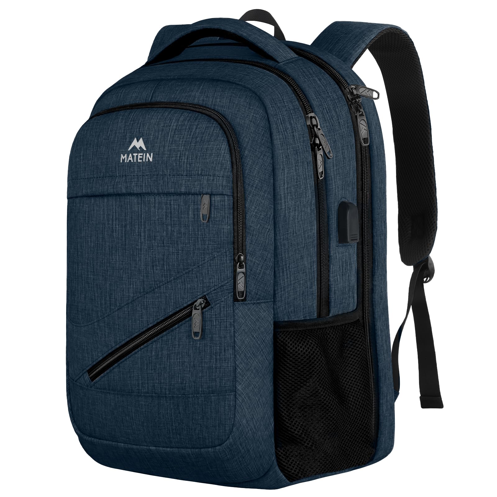 MATEIN 17 inch Laptop Backpack, Large Travel Backpack Carry On Flight Approved with Trolley Sleeve, Computer Work Bag with USB Charging Port, Water Resistant Backpack for College, Dark Blue