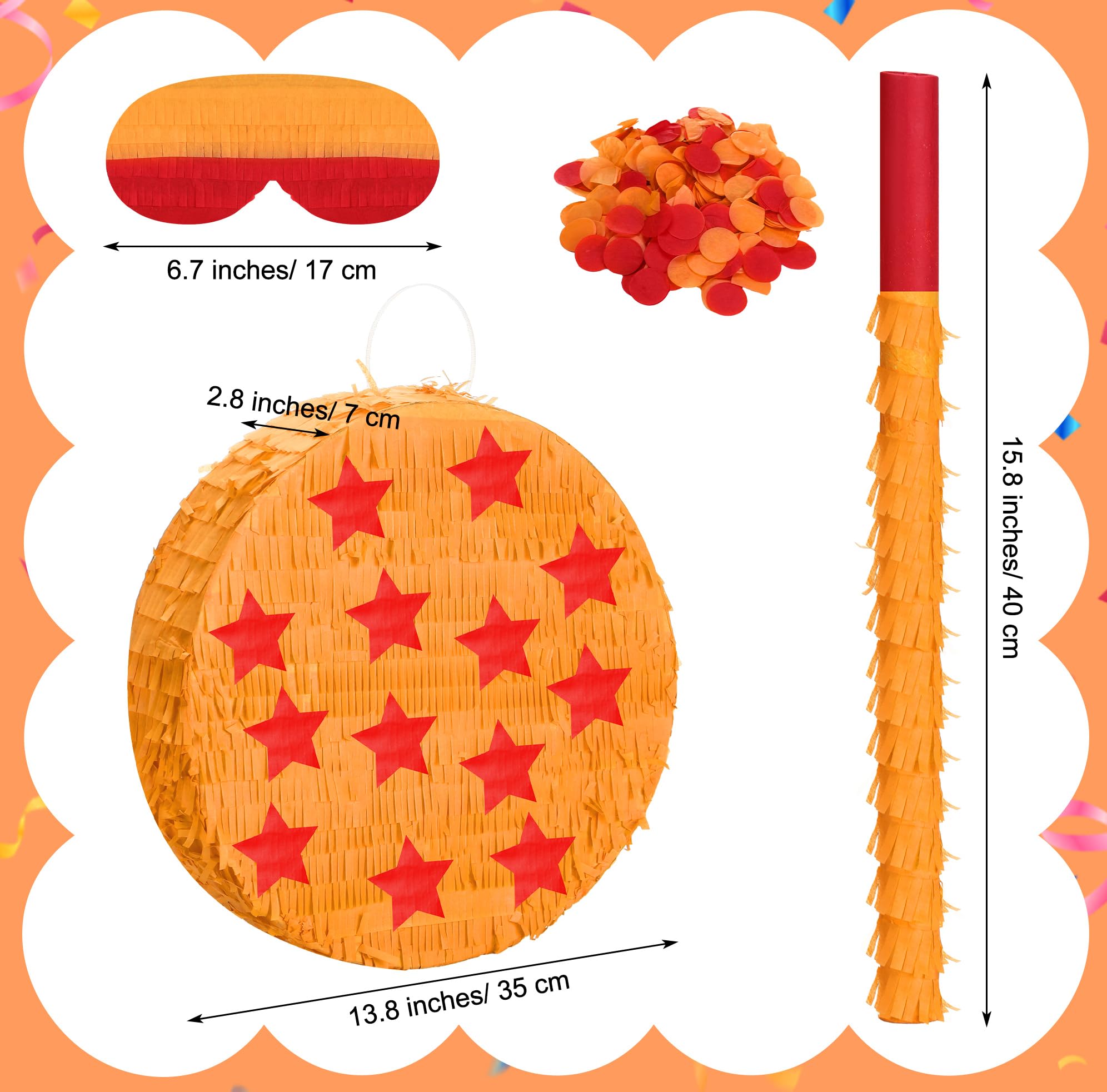 RoundFunny Piñata temática de anime, decoración de cumpleaños, estrellas amarillas y rojas con palo y confeti para decoración de fiesta, centro de mesa, accesorio de fotos, cumpleaños, aniversario