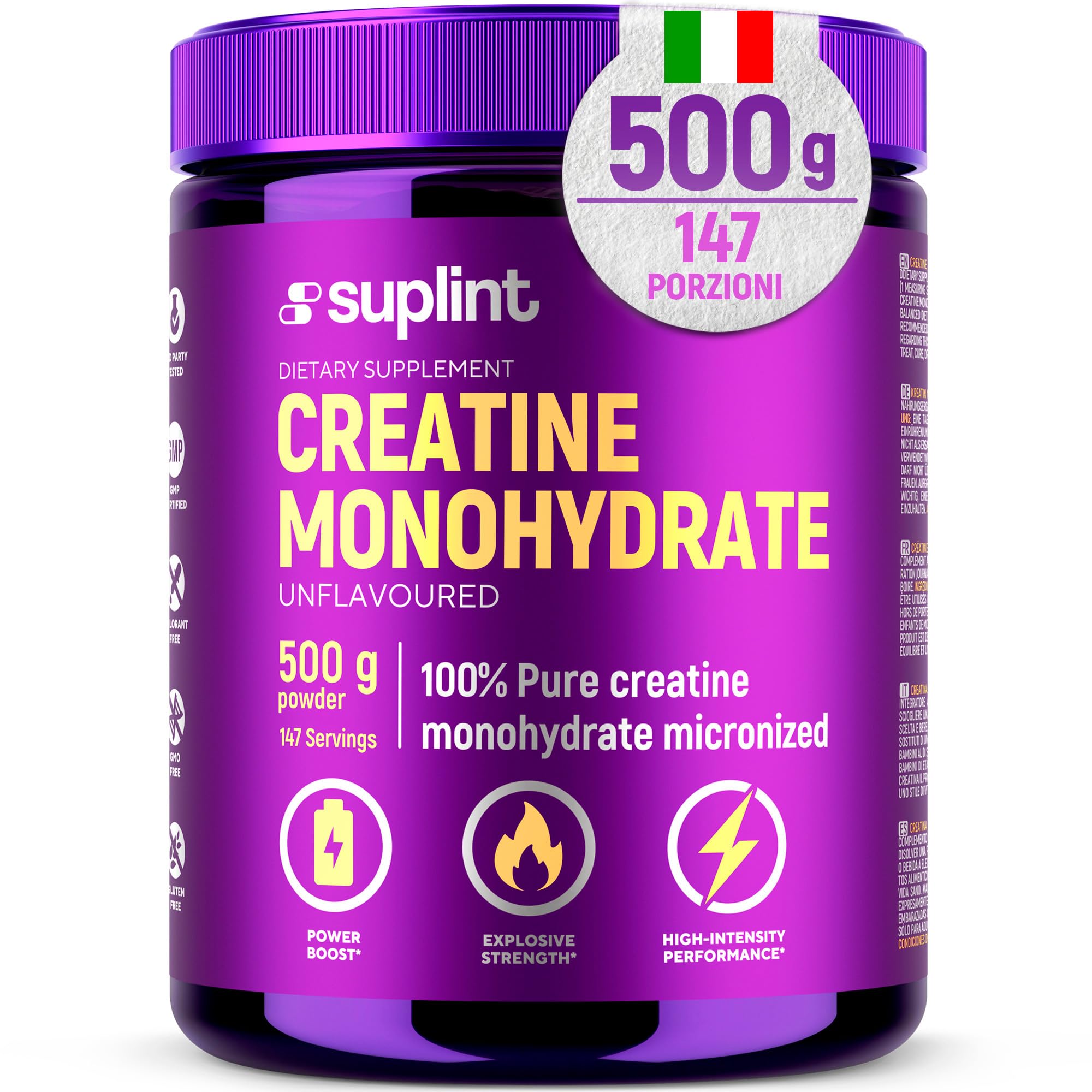 Polvere di Creatina Monoidrato 500 g – 147 Porzioni – 100 % Creatina Monoidrato Pura – Qualità Micronizzata – Vegano, Senza OGM – Integratore Sportivo per Forza, Muscoli & Recupero (1 Pack)
