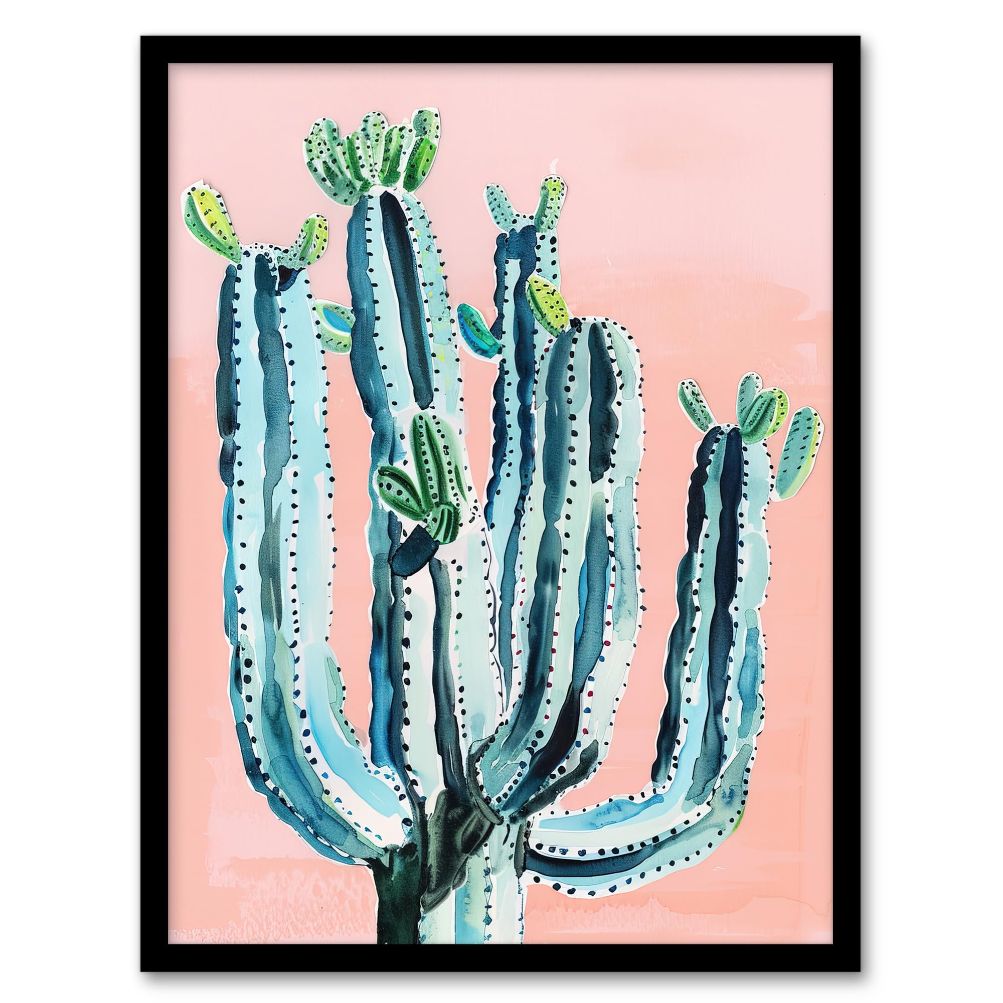 Artery8 Desert Cactus Pastel Colour Pink Teal Watercolour Living Room Artwork Framed Wall Art Print A4