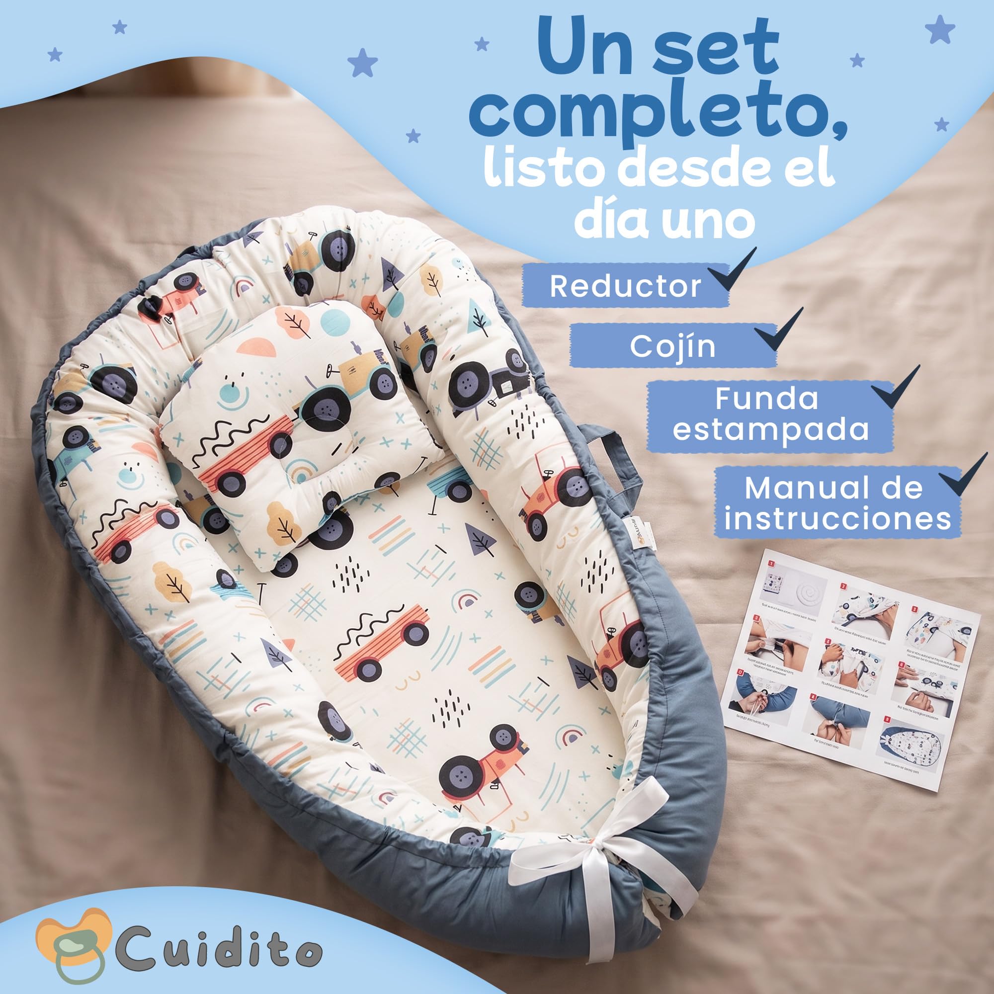 Reductor de Cuna para Bebé | Nido Bebé con Cojín Ergonómico, Funda Desenfundable y Lavable | Colchoneta Acolchada Suave con Estampado | Ideal para Cuna, Moisés y Colecho