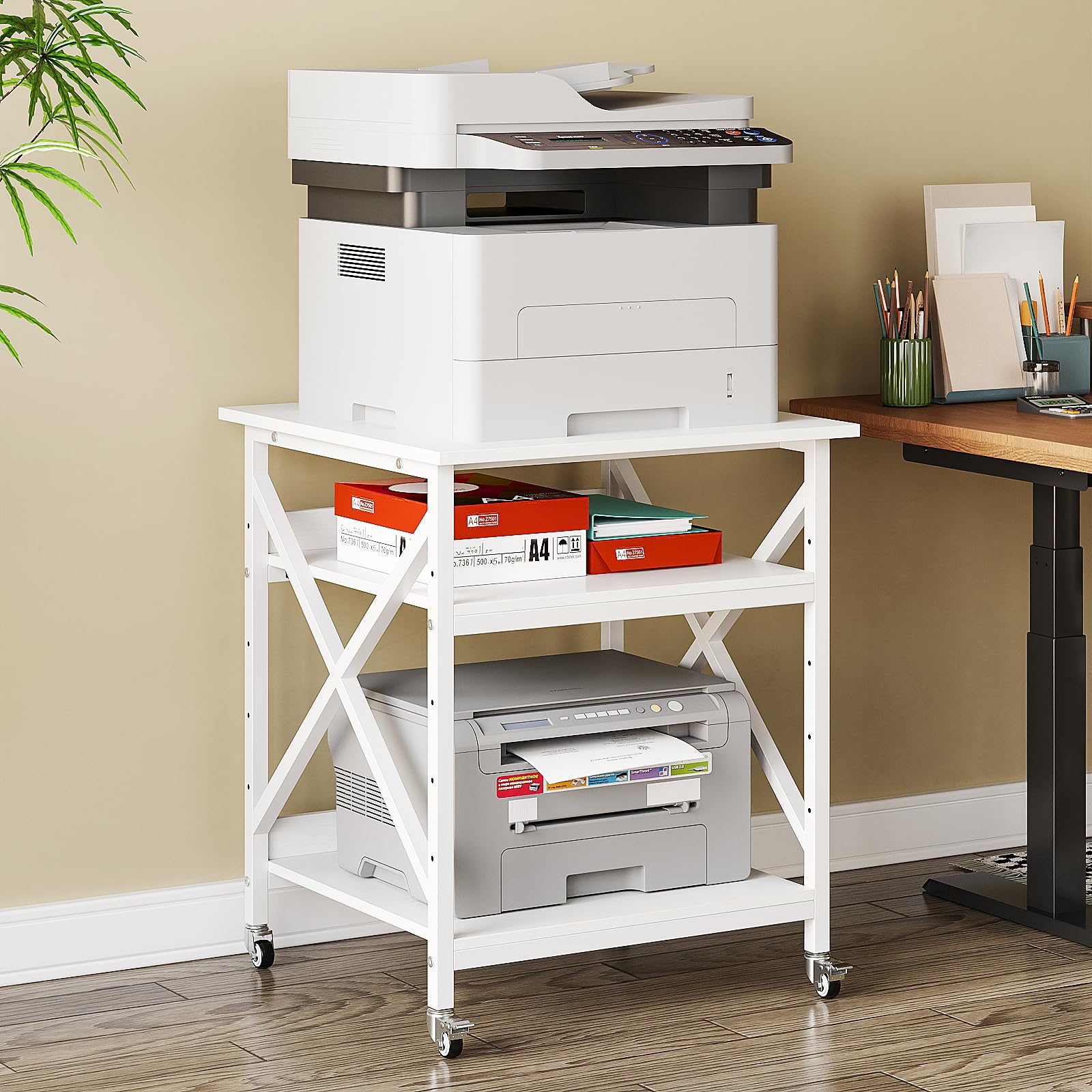 VEDECASA 3 Ebenen Druckerständer mit Rollen, Großer Druckertisch 60x60cm mit Ablagen, Stabiler Druckerwagen mit X-Rahmen für Büro und Home Office, Weiß, Passt Fuer Grosse Drucker,Leicht Beweglich,Weiß